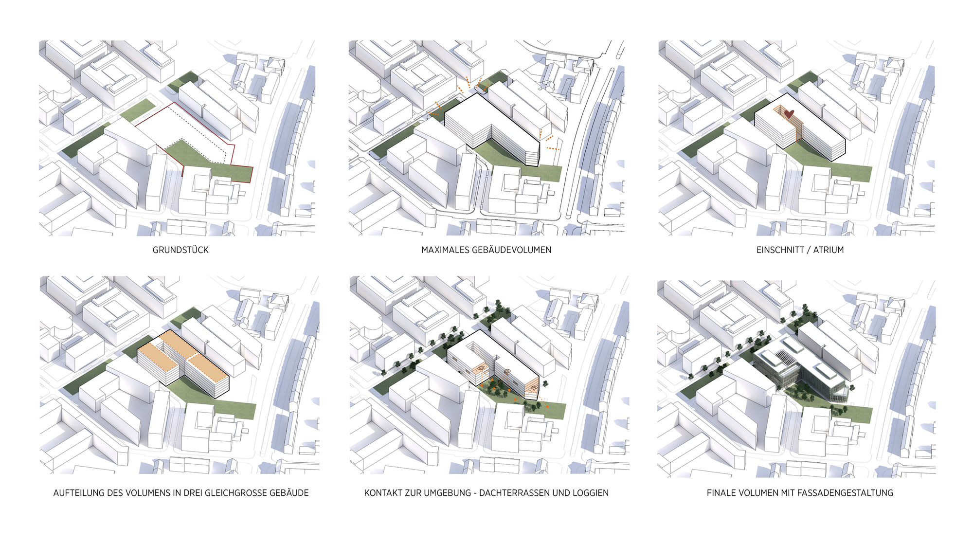 Axonometric diagram series illustrating the massing evolution from base volume to final rooftop configuration