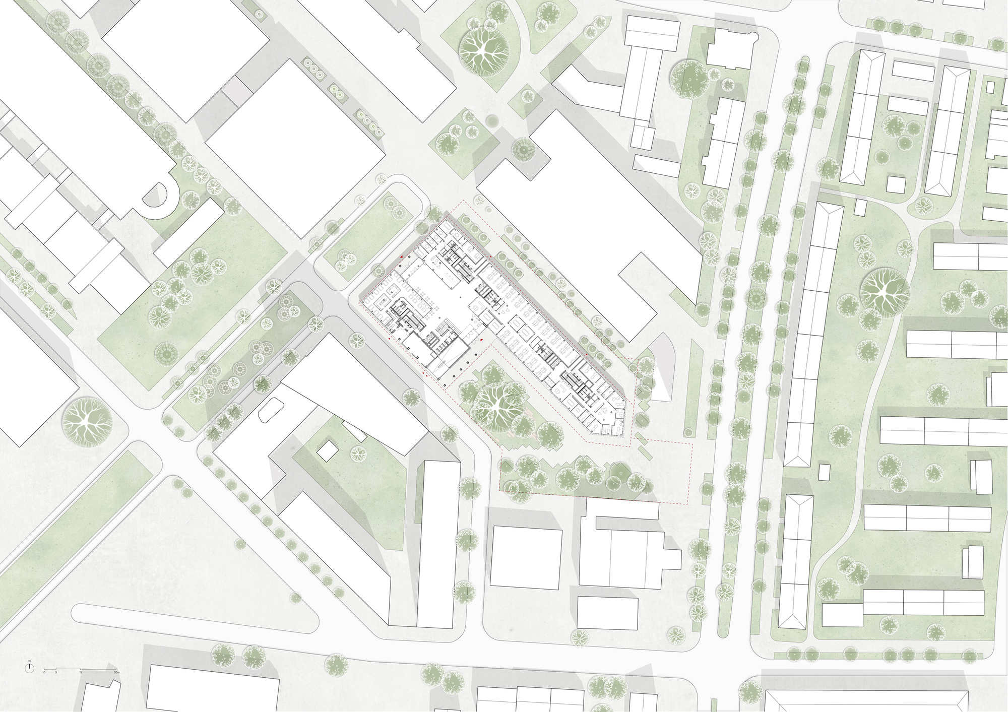 Site plan drawing with detailed floor layout of elongated building set among landscaped courtyards