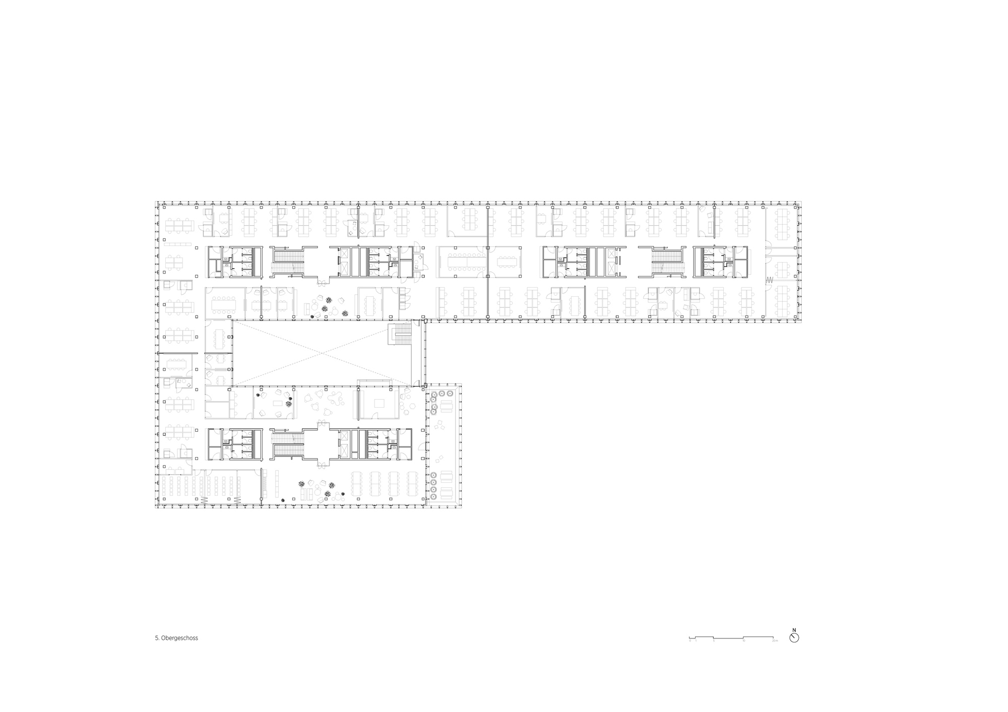 Upper floor plan drawing of elongated bar building with central circulation core and repeated structural grid