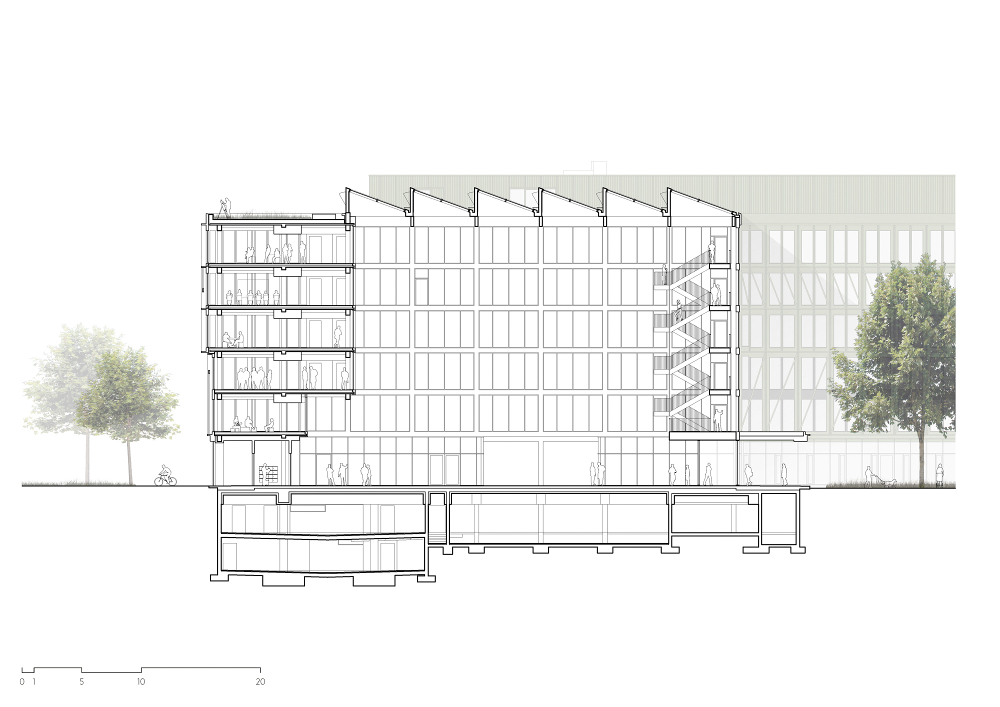 Section drawing showing multi-storey structure with sawtooth roofline and below-grade parking levels