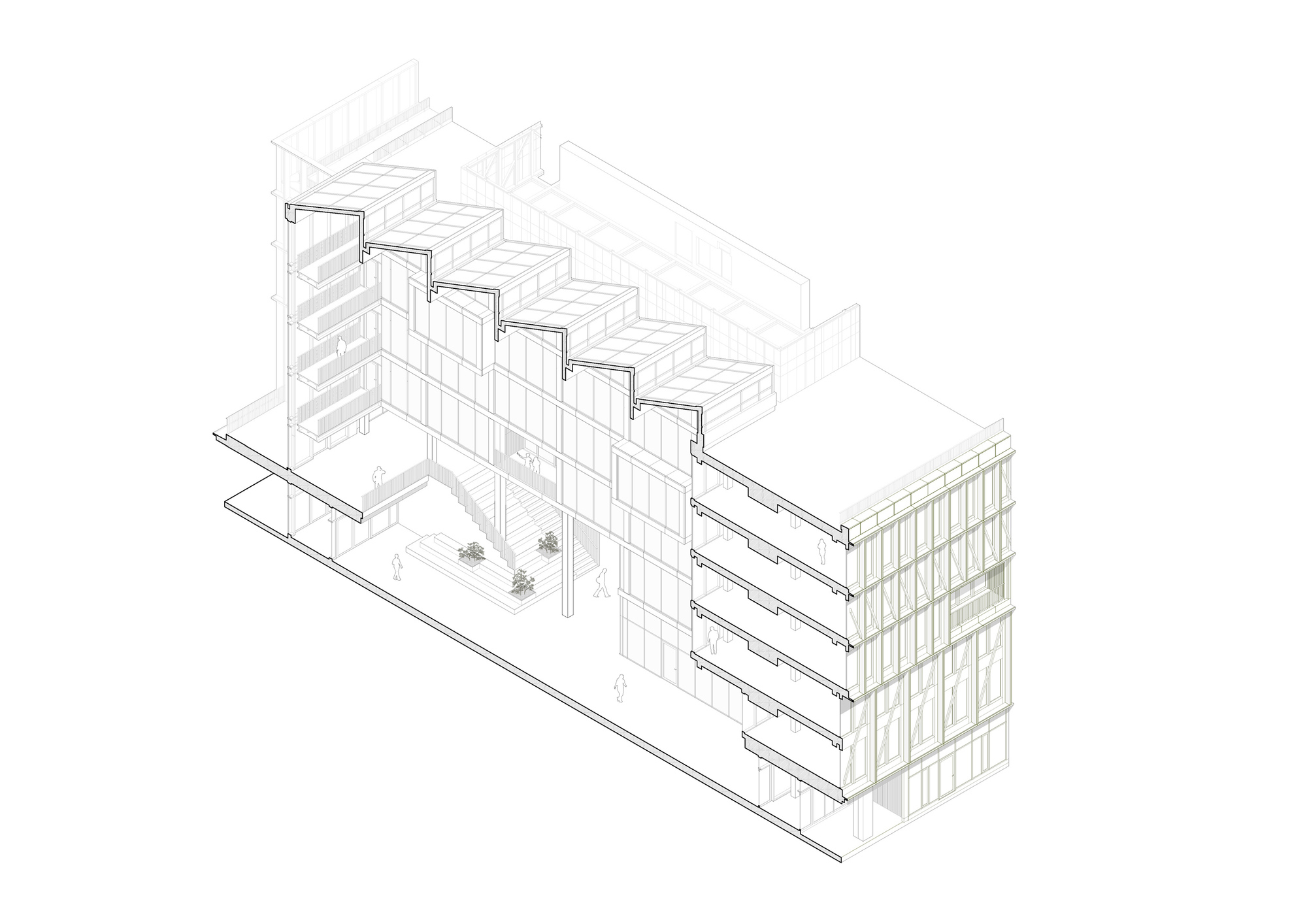 Axonometric drawing revealing stepped volumes with courtyard and cantilevered horizontal floor plates