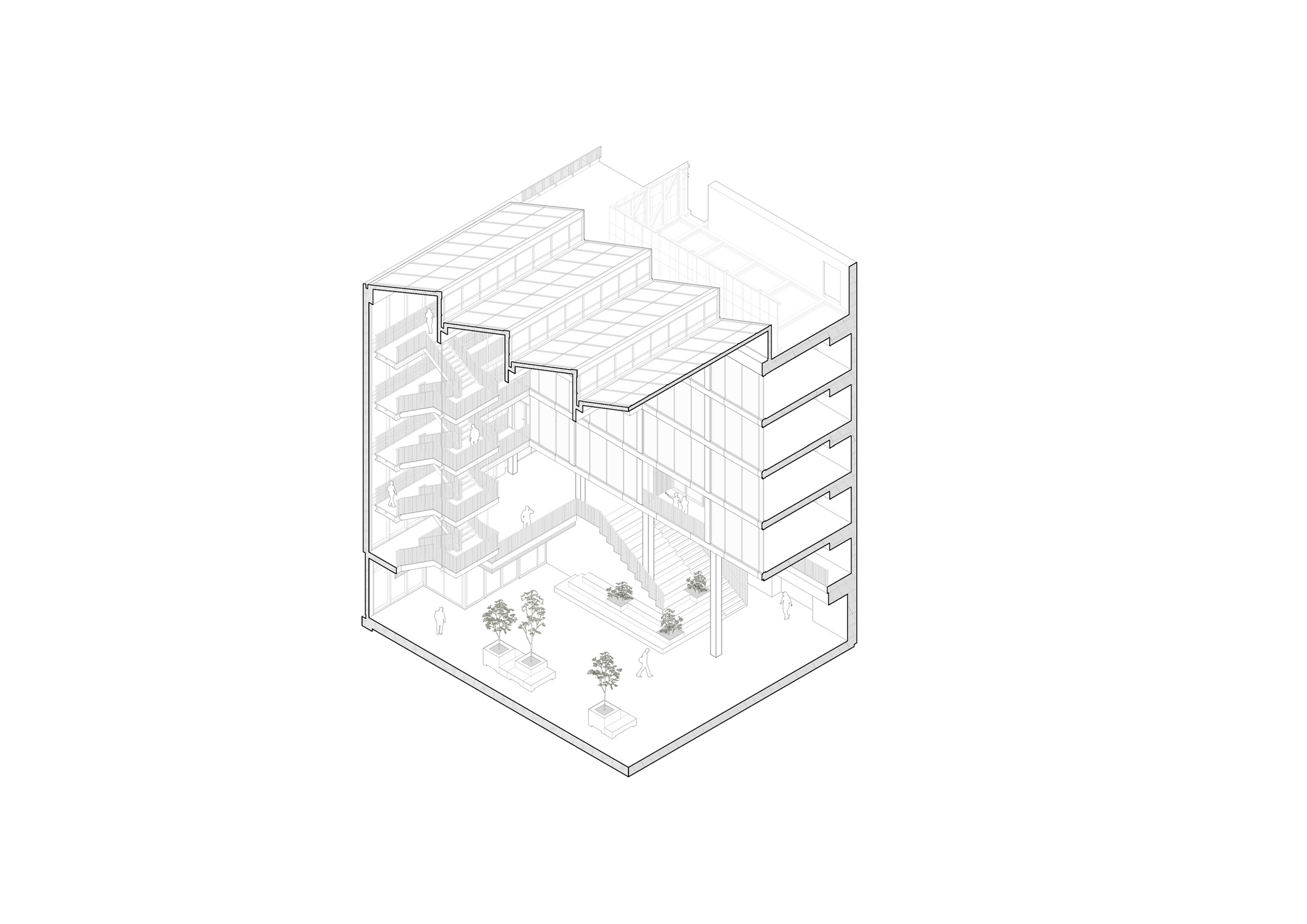 Isometric drawing showing internal courtyard with trees and staggered massing around open space