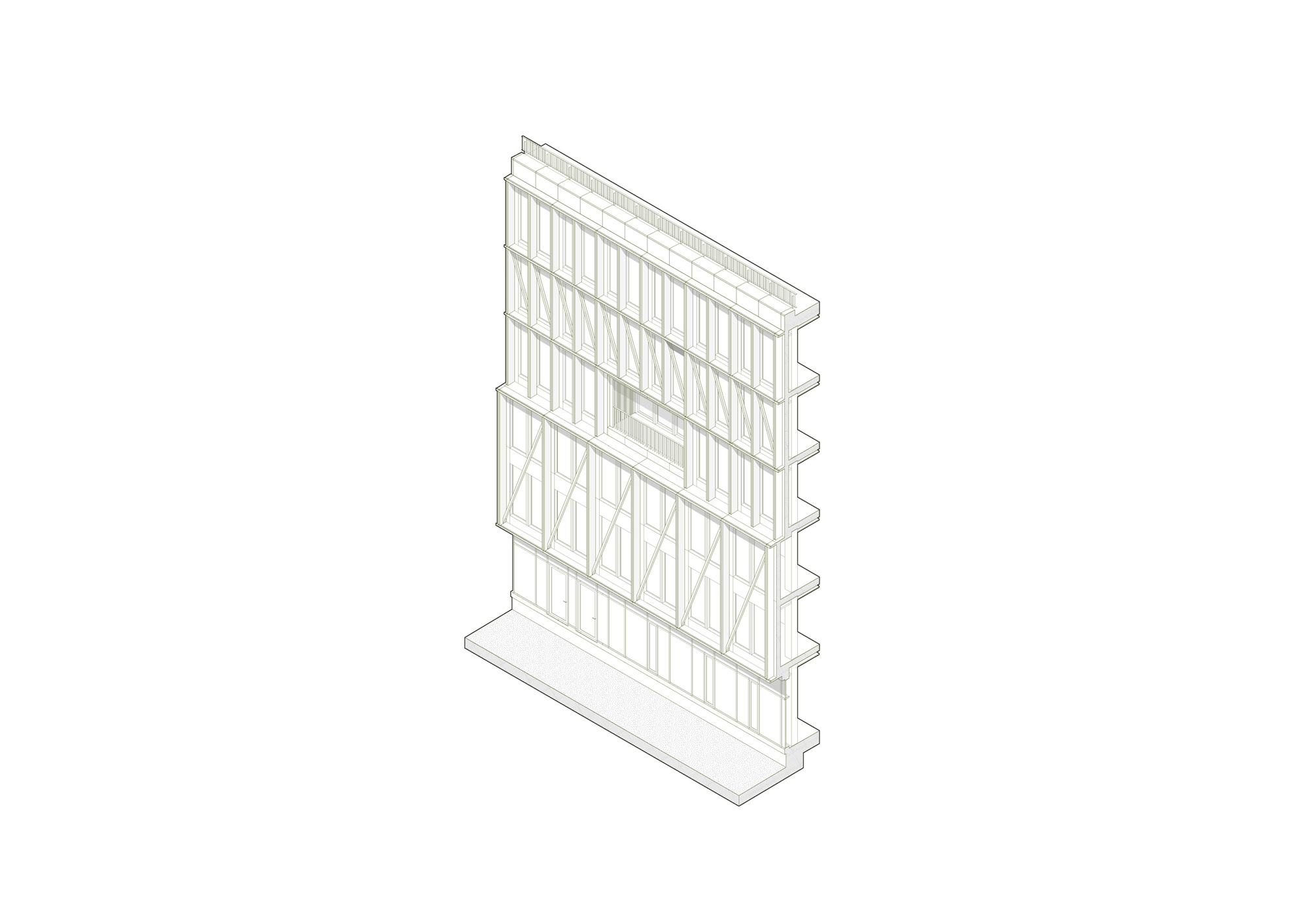 Axonometric detail of gridded facade panel with diagonal bracing pattern and horizontal floor slabs
