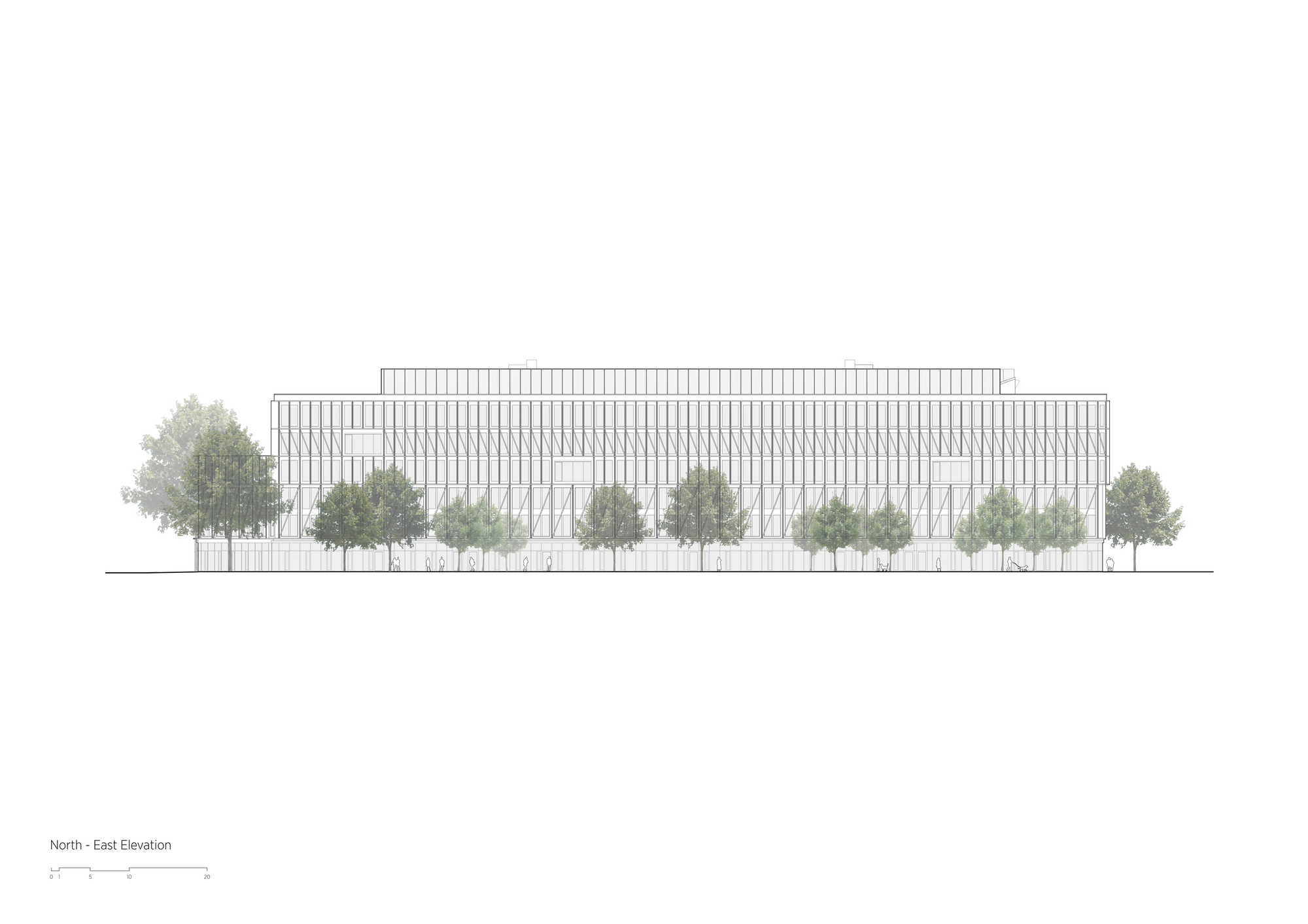 North-east elevation drawing showing elongated facade with vertical fins and row of trees