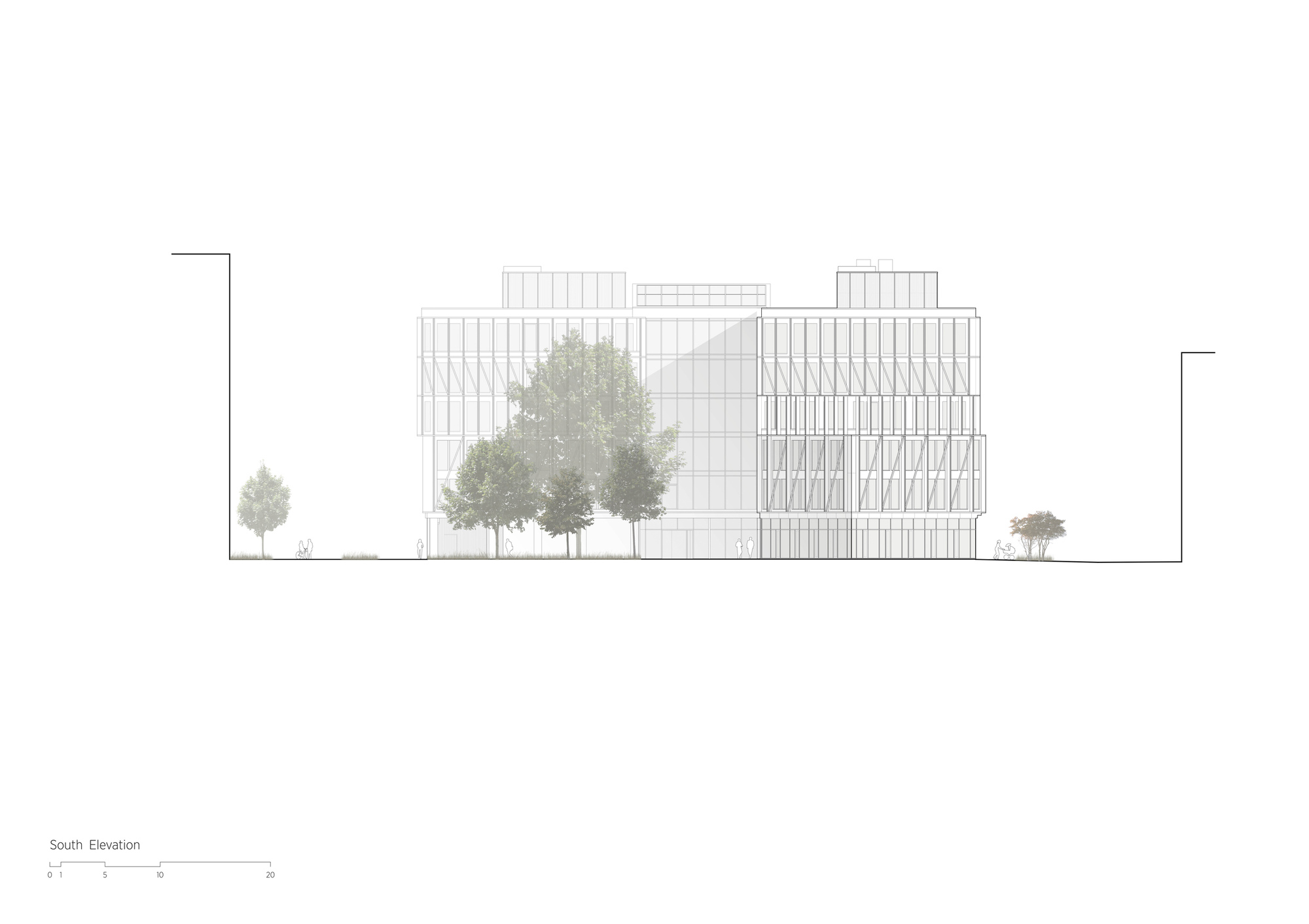 South elevation drawing showing a gridded facade volume with trees in front
