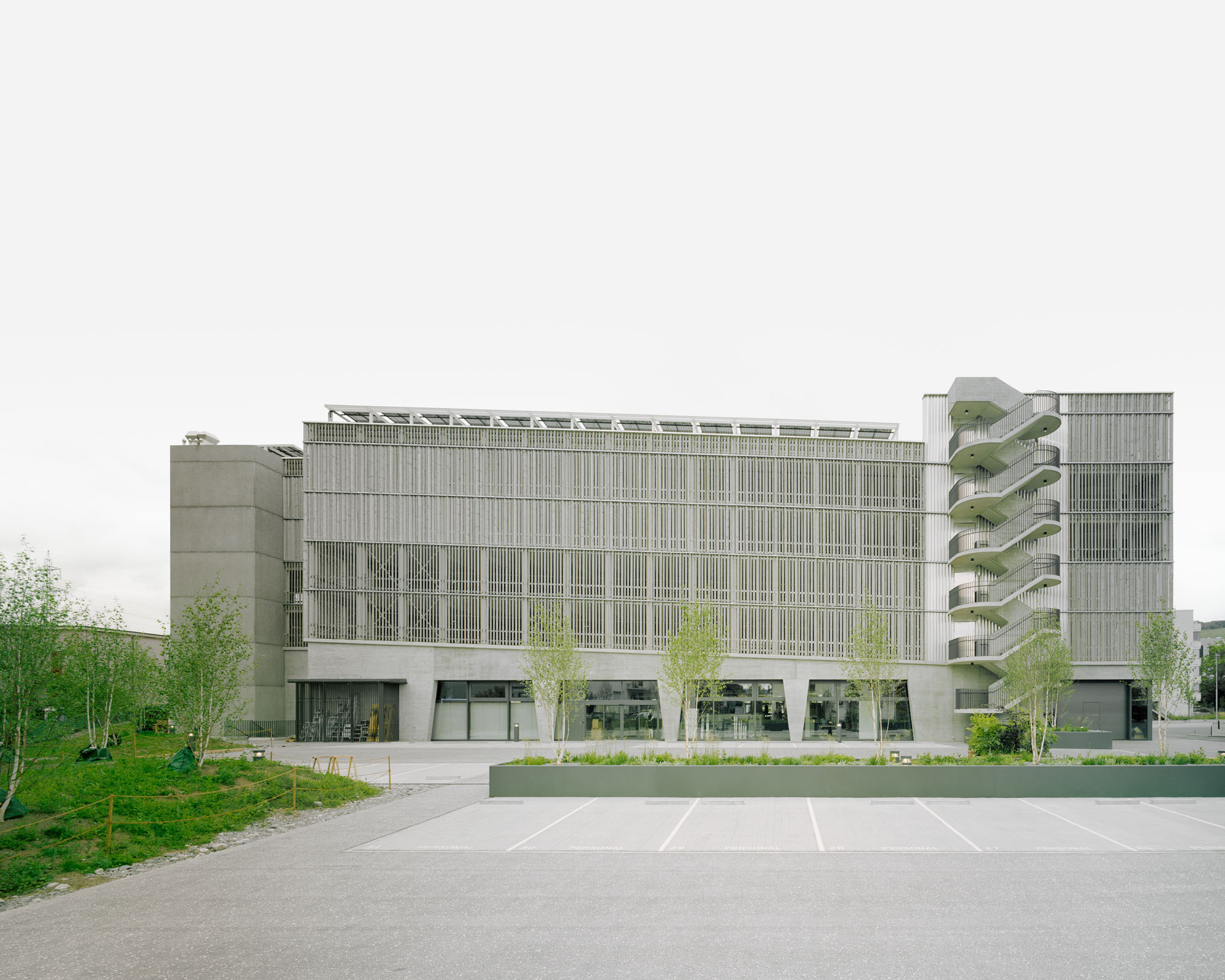 Street view of the vertically louvered facade with planted landscaping and a young birch grove in front