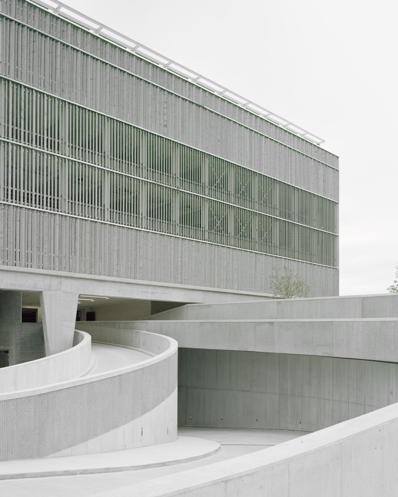 Curved concrete ramp walls beneath the louvered facade with a small tree emerging from the courtyard