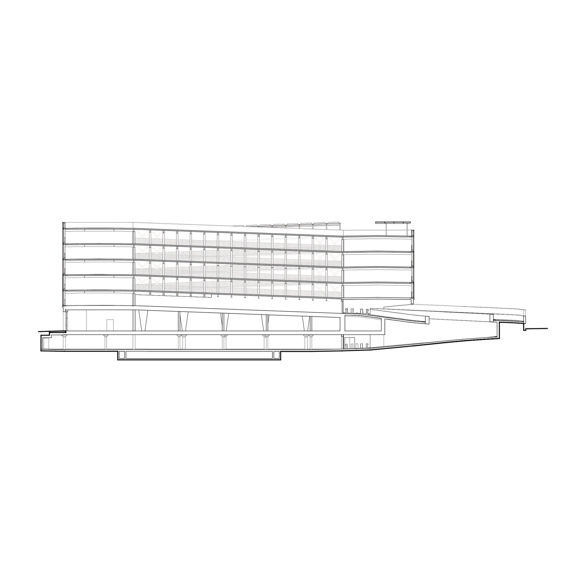 Section drawing showing the parking levels below the elevated tower with angled supports