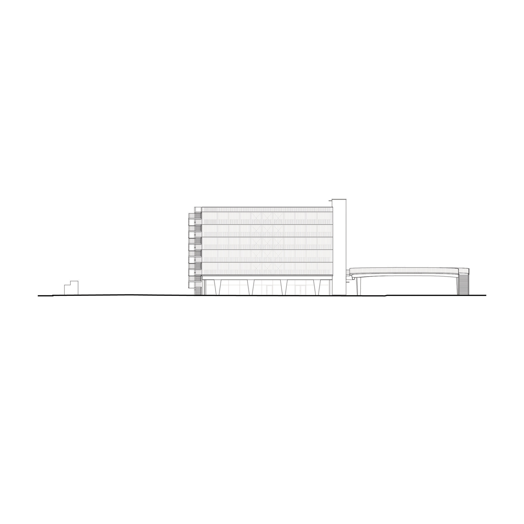 Elevation drawing showing a horizontal multi-story volume on columns with a low-slung adjacent pavilion