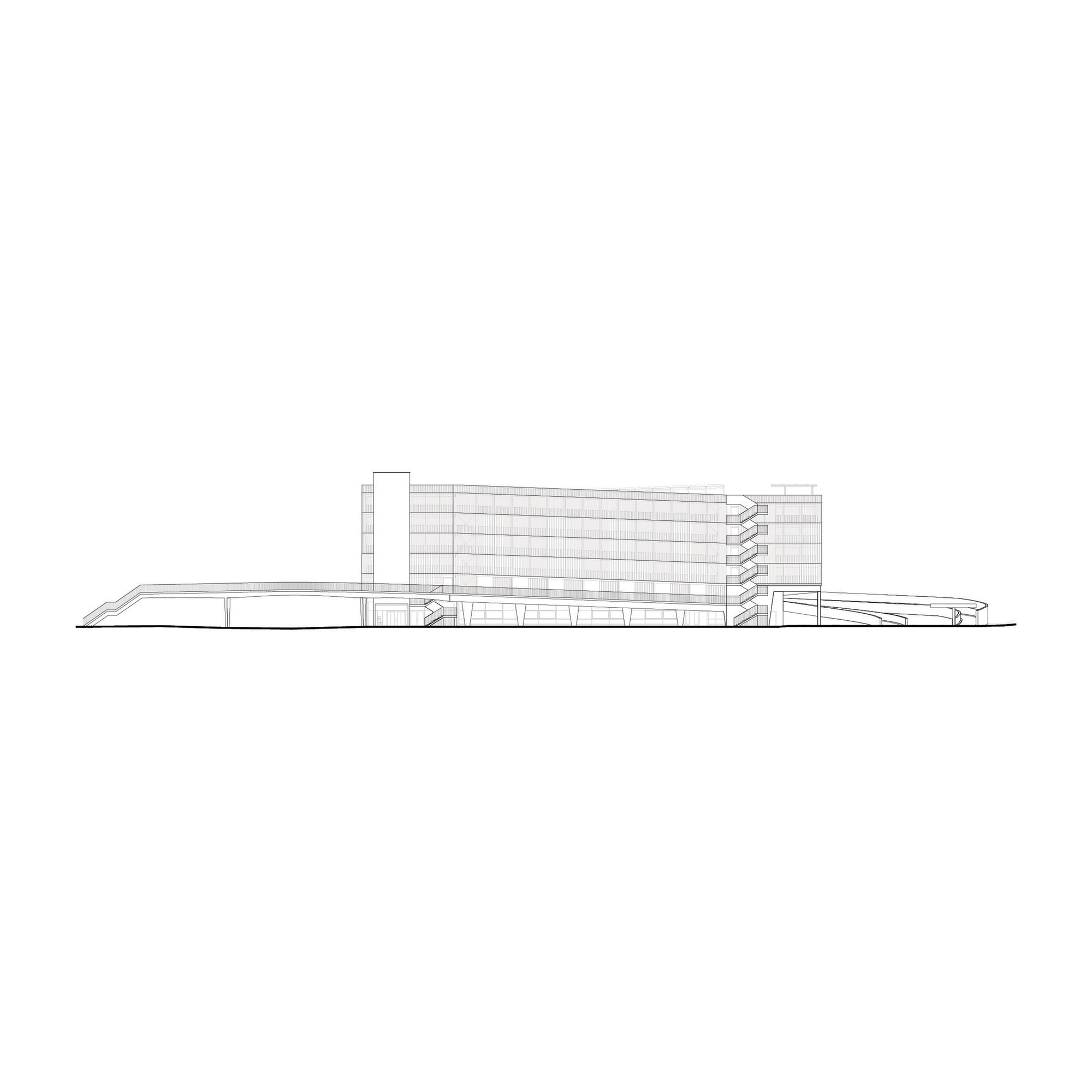 Elevation drawing depicting a layered horizontal building with cantilevered floor plates and a canopy structure