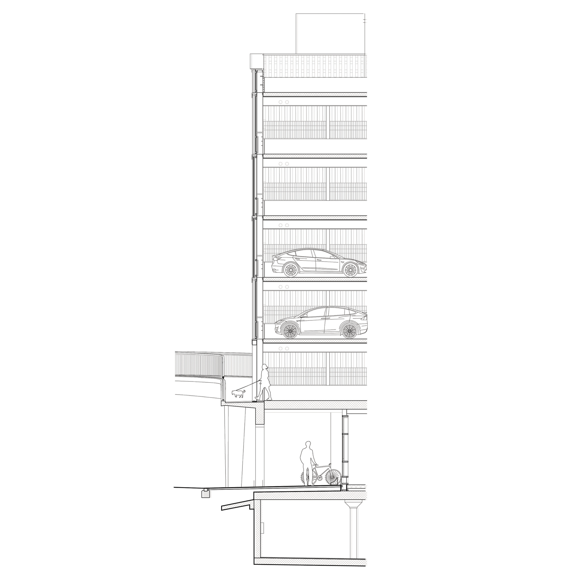 Section drawing revealing parking levels with two vehicles and a pedestrian with stroller at ground level