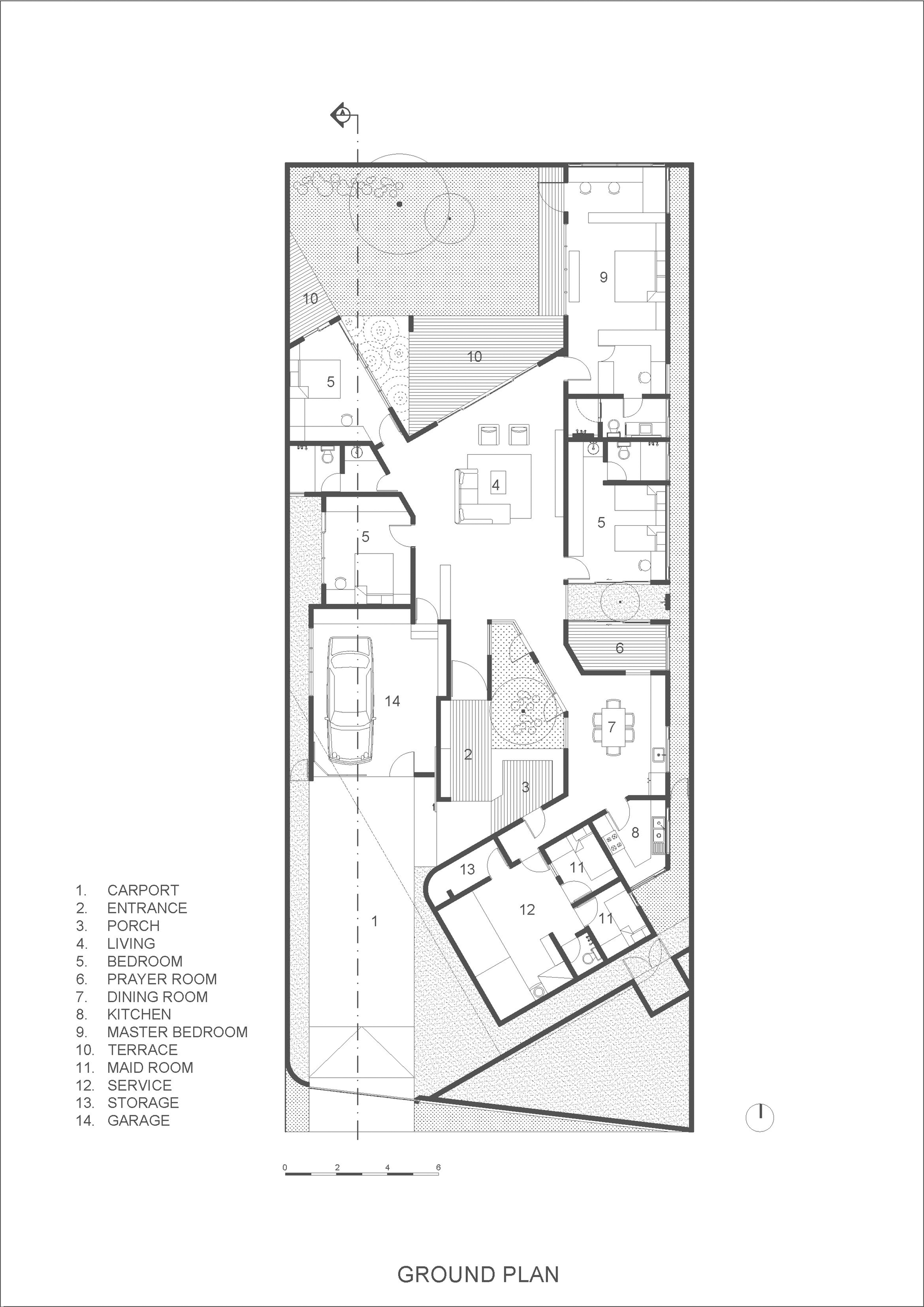 Ground floor plan drawing showing an angular residential layout with carport, living areas and bedroom wing