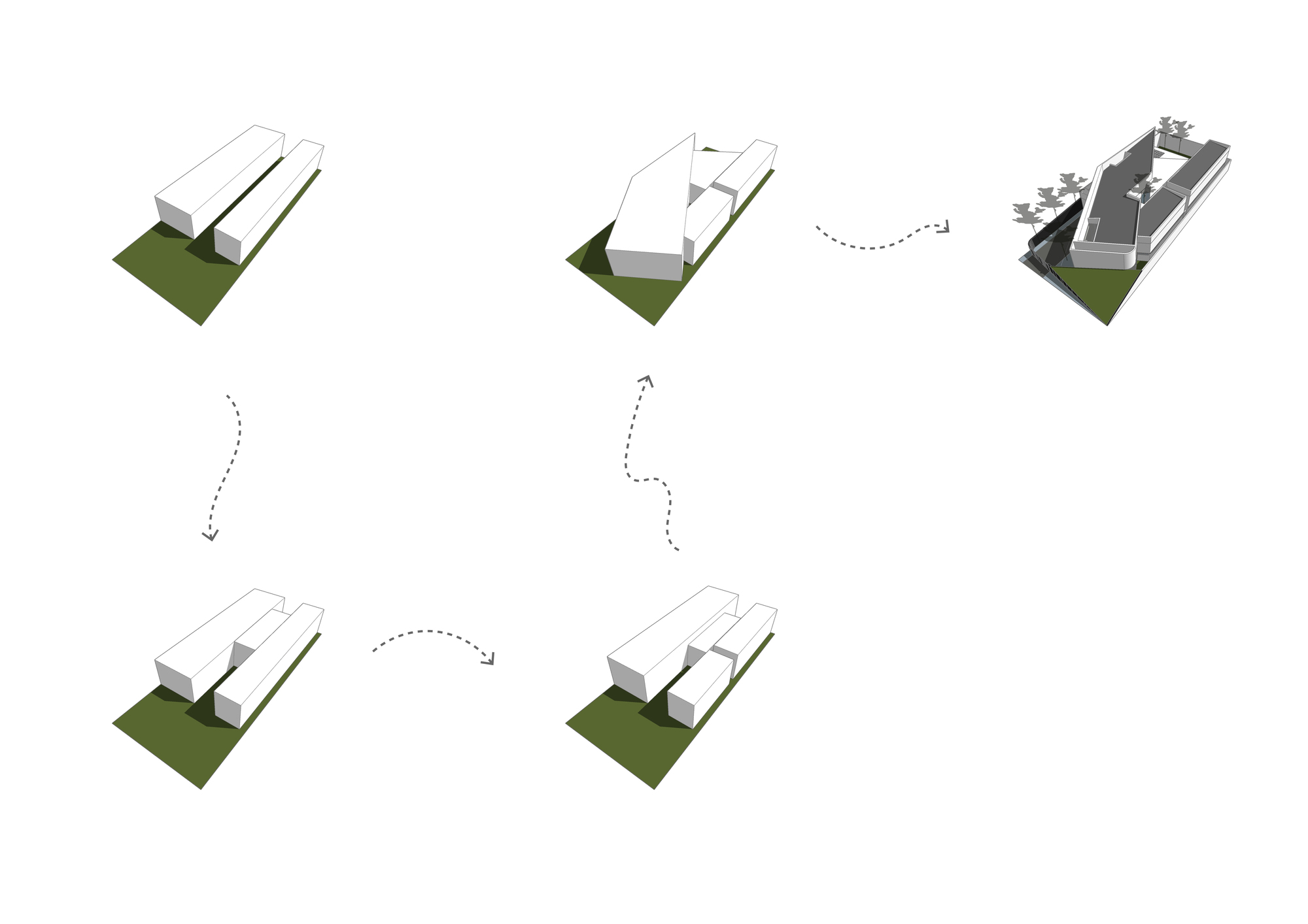 Axonometric diagram sequence illustrating the formal transformation of the massing in six steps