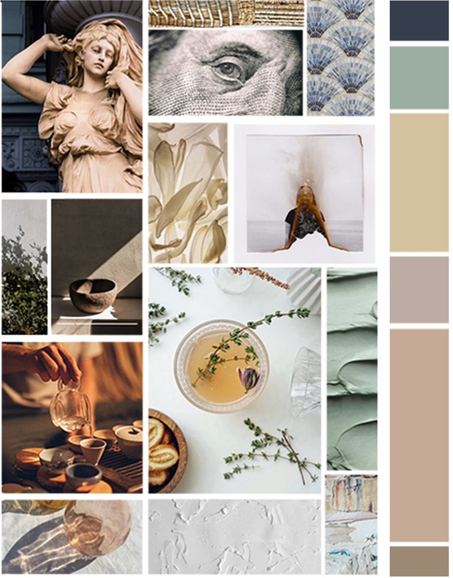 Moodboard of textures, coffee rituals, muted tones, and cicada-inspired references shaping SCAR’s sensory design language.
