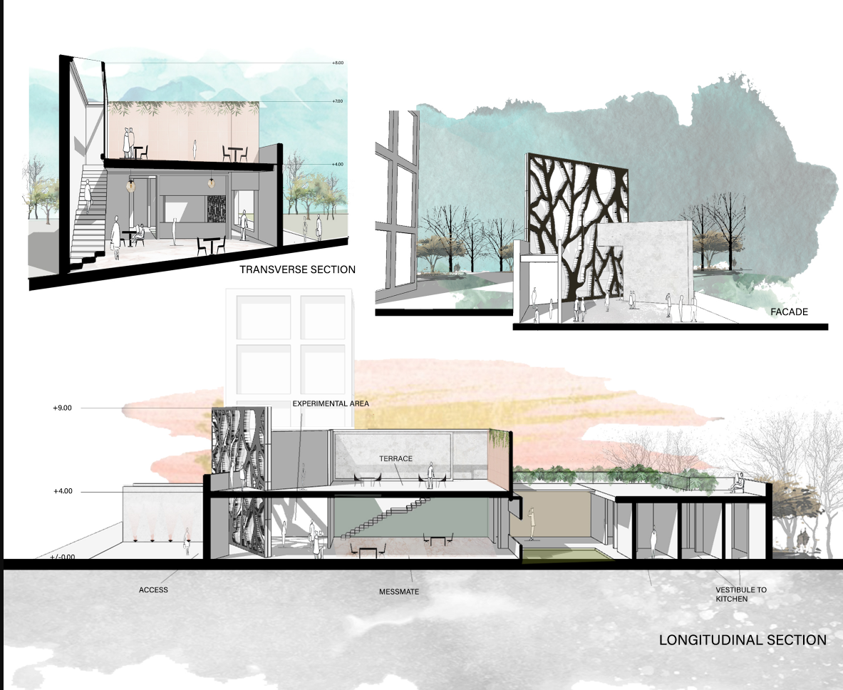 Architectural sections and façade studies showing how SCAR organizes memory, terrace, access, and experimental spaces.