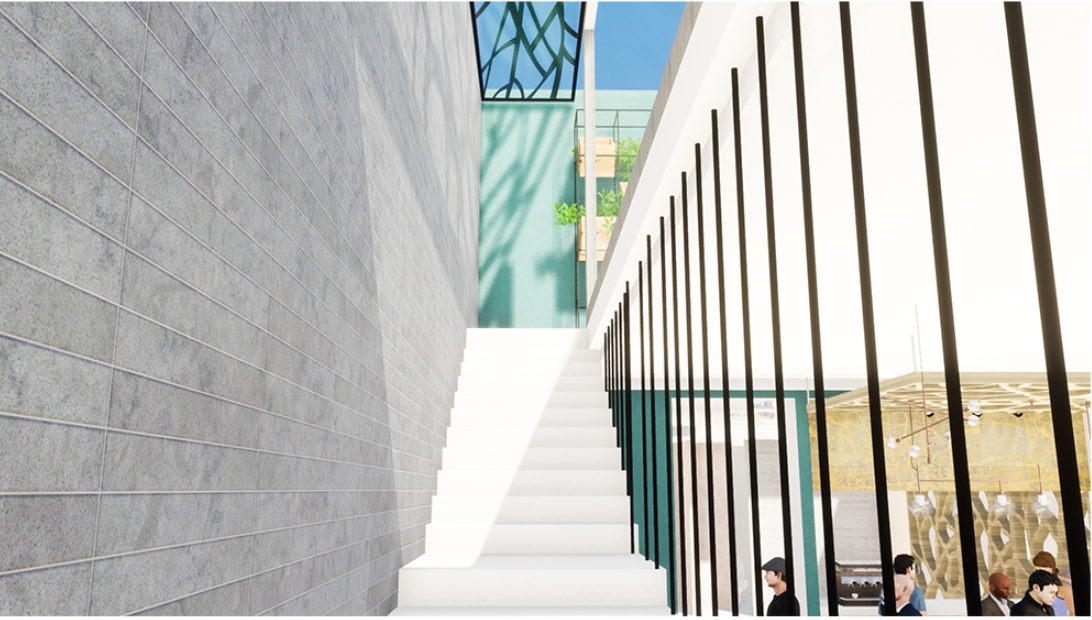 Interior staircase view highlighting light, vertical movement, and the transition between café and upper-level spaces.