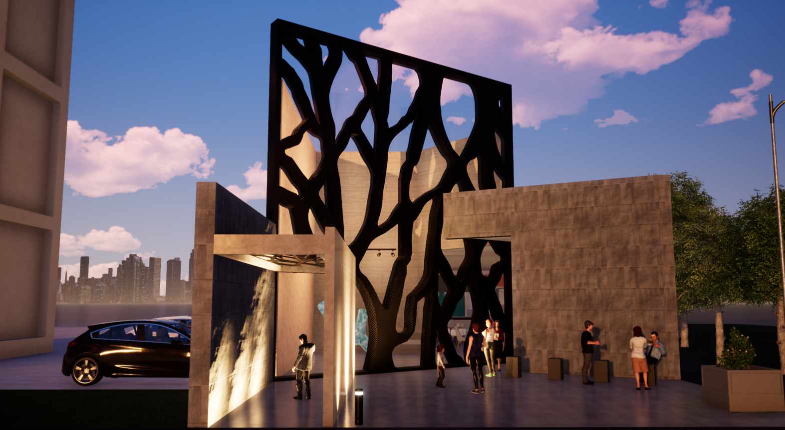 Exterior view of SCAR’s bold scar-like façade, creating a dramatic urban identity through organic black patterns.