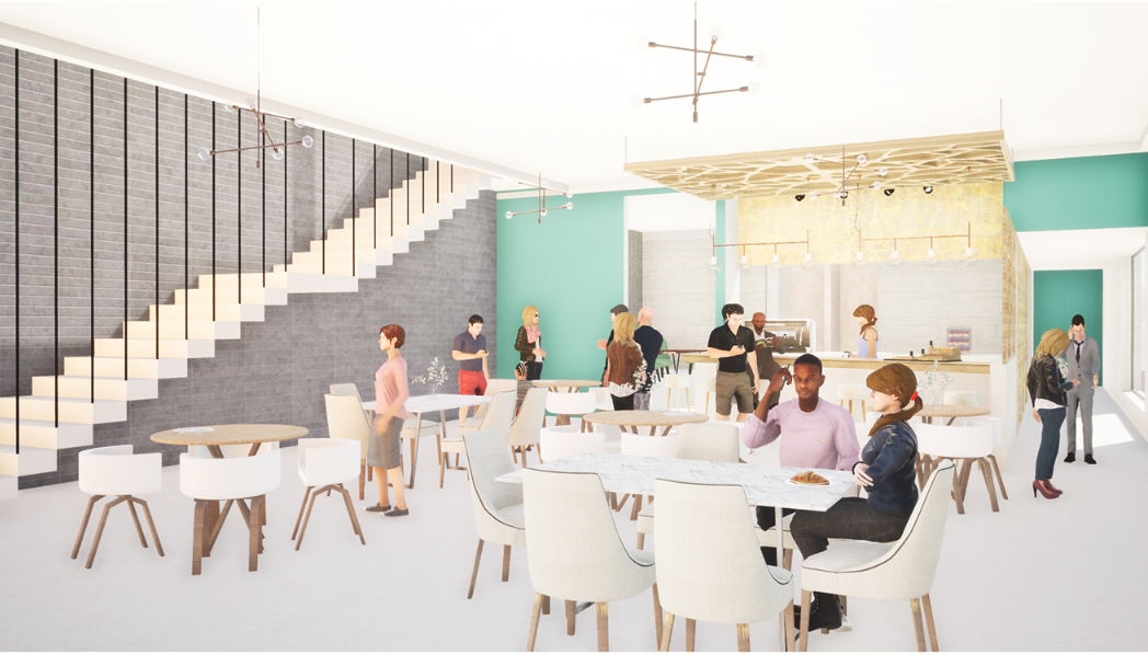 Bright café interior with communal seating, soft green accents, and warm lighting for social and sensory interaction.