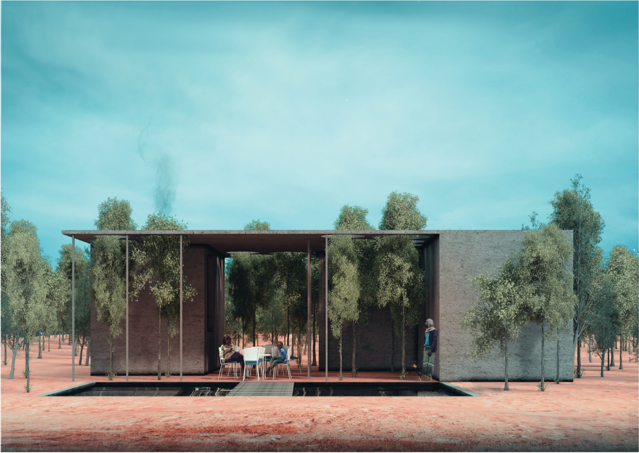 Service spaces and chapel functions are embedded within the forest landscape.