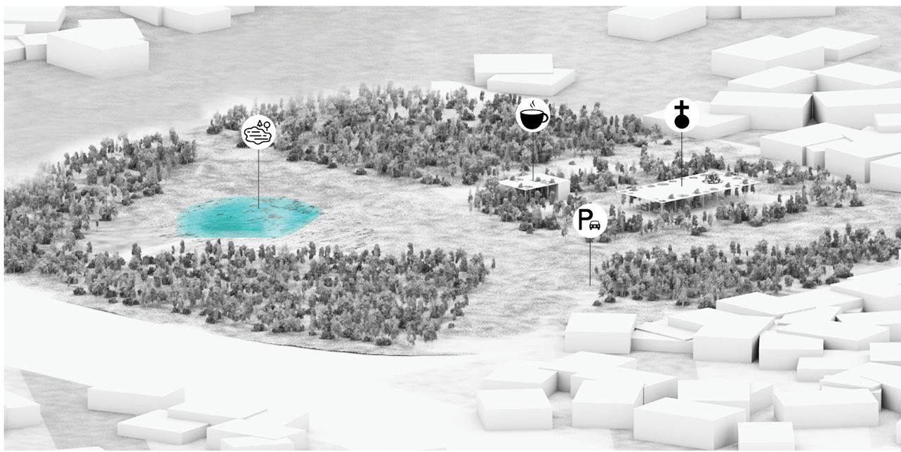 Site zoning connects the chapel, pond, parking, and forest into one ecological plan.
