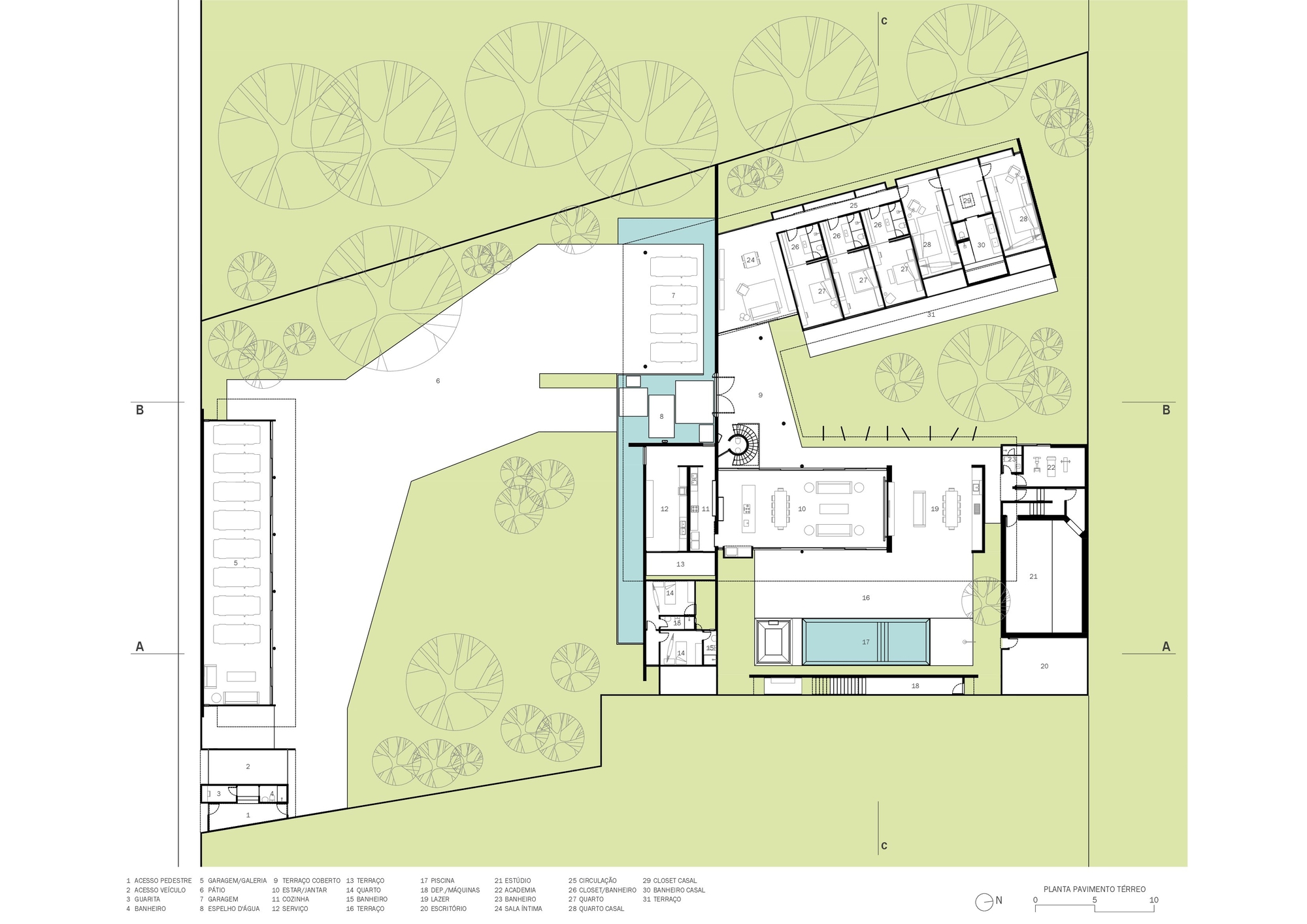Site plan drawing showing L-shaped volumes organized around a central pool with landscaped surroundings