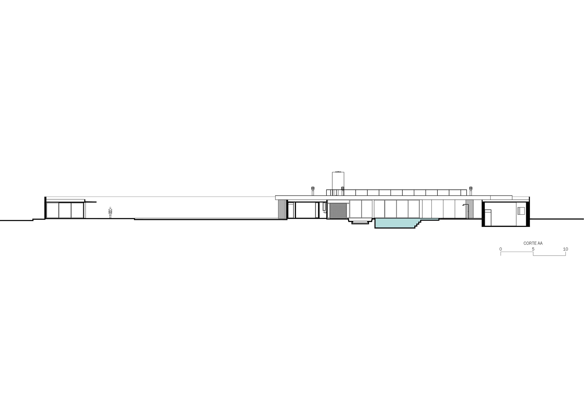Section drawing showing the low-slung horizontal profile with central courtyard and flanking pavilions