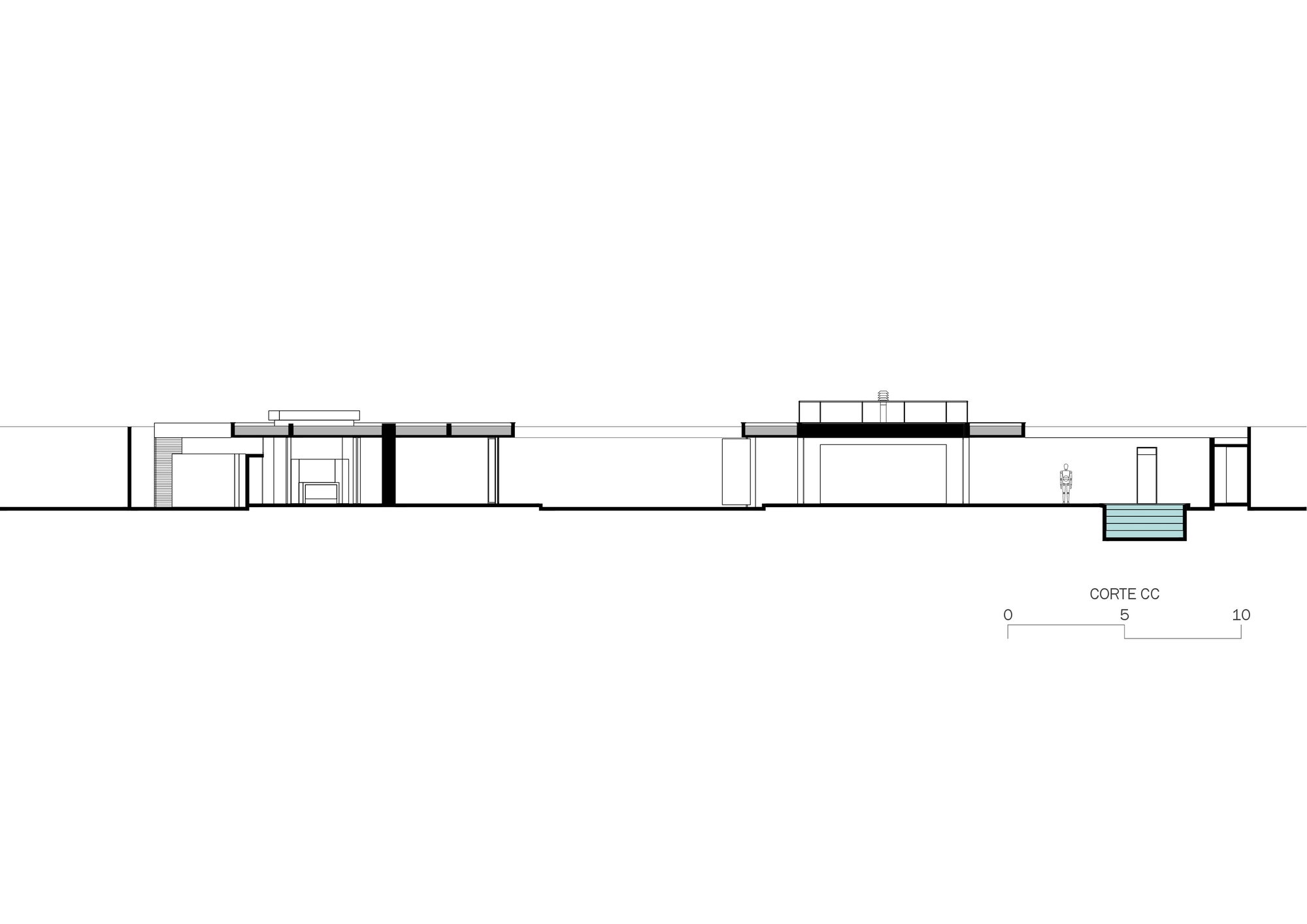 Section drawing showing a linear structure with varied ceiling heights and a pool at one end