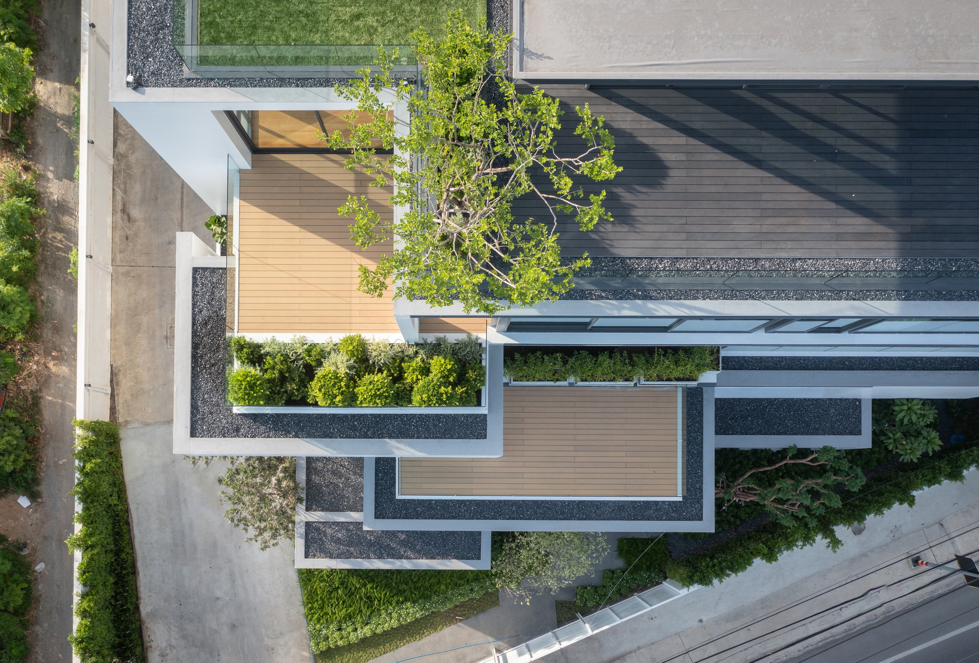 Aerial view of geometric courtyard with timber decking, planted beds, gravel borders and mature tree canopy