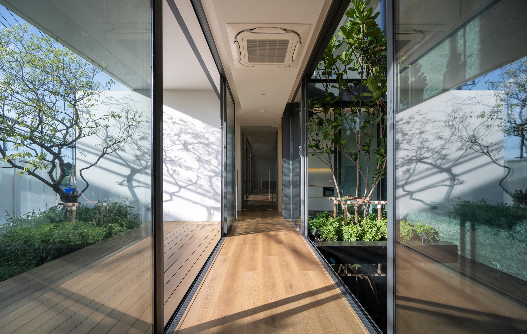 Corridor with sliding glass walls flanking a central planted courtyard with dappled shadows