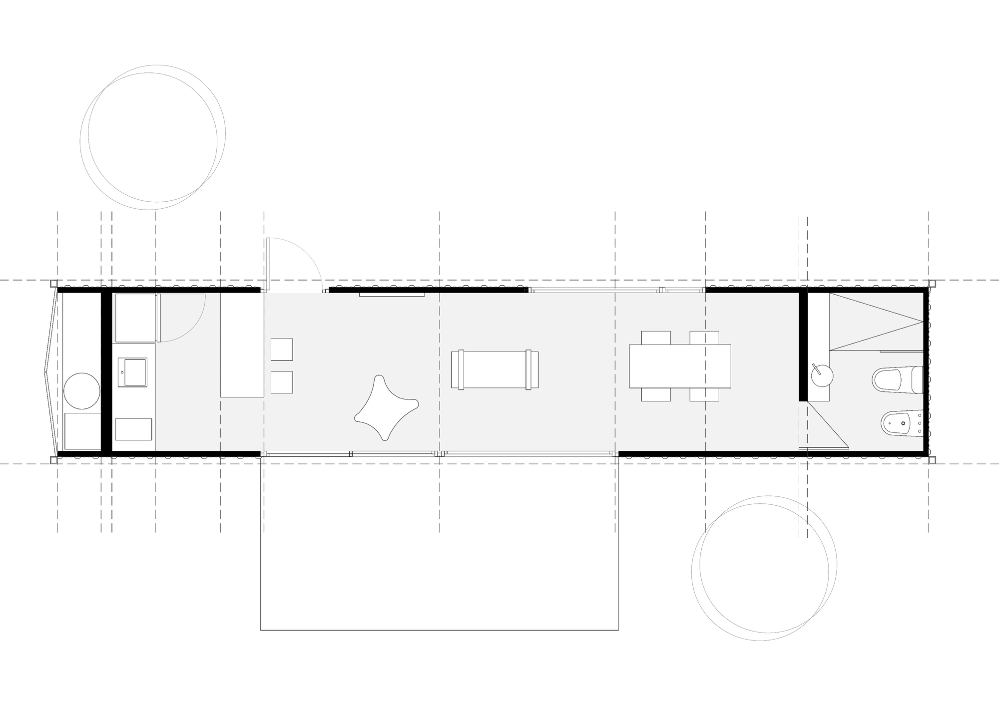 Floor plan drawing showing a linear arrangement of bathroom, living, and dining spaces between two outdoor areas