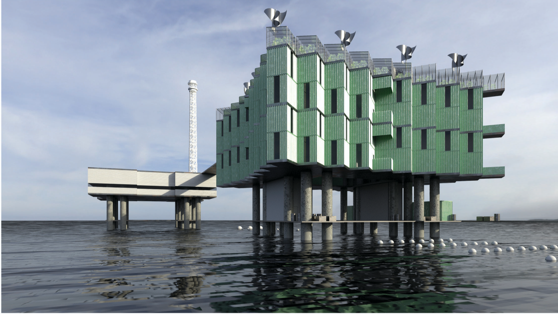 Rigcycling transforms an abandoned oil rig into a self-sufficient island powered by renewable energy and sustainable living systems.