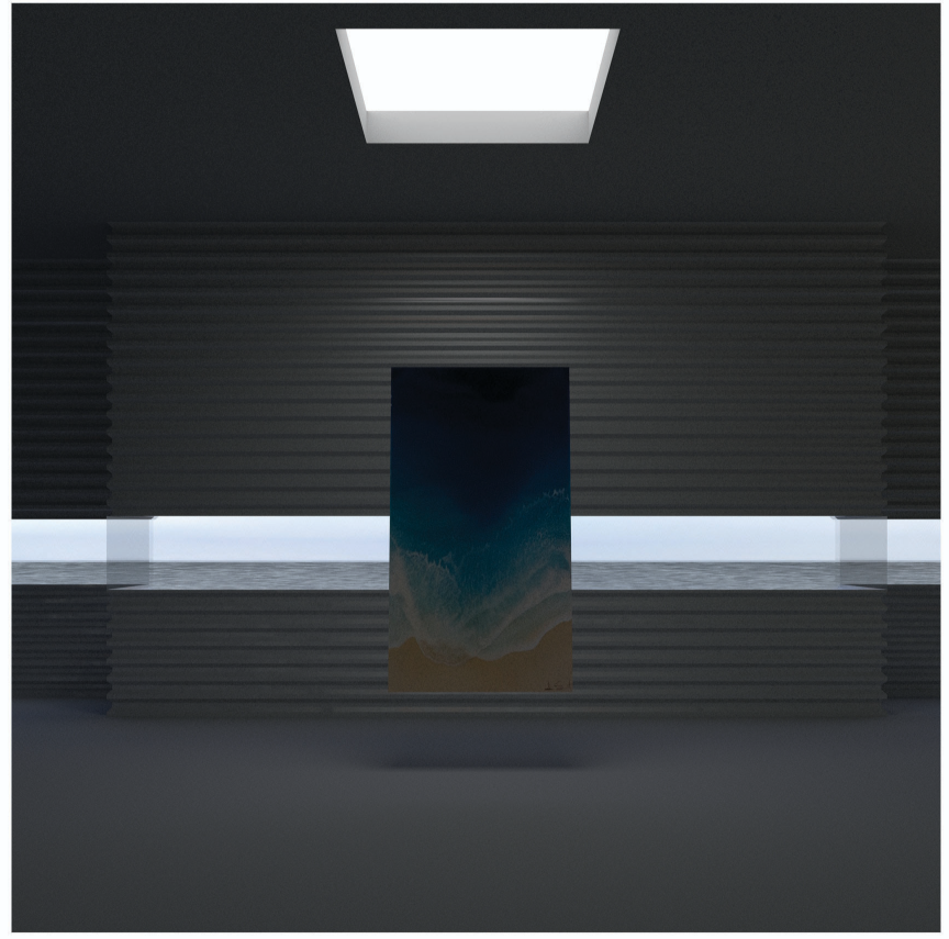 Minimal exhibition space frames the ocean horizon, creating an immersive dialogue between art, architecture, and nature.