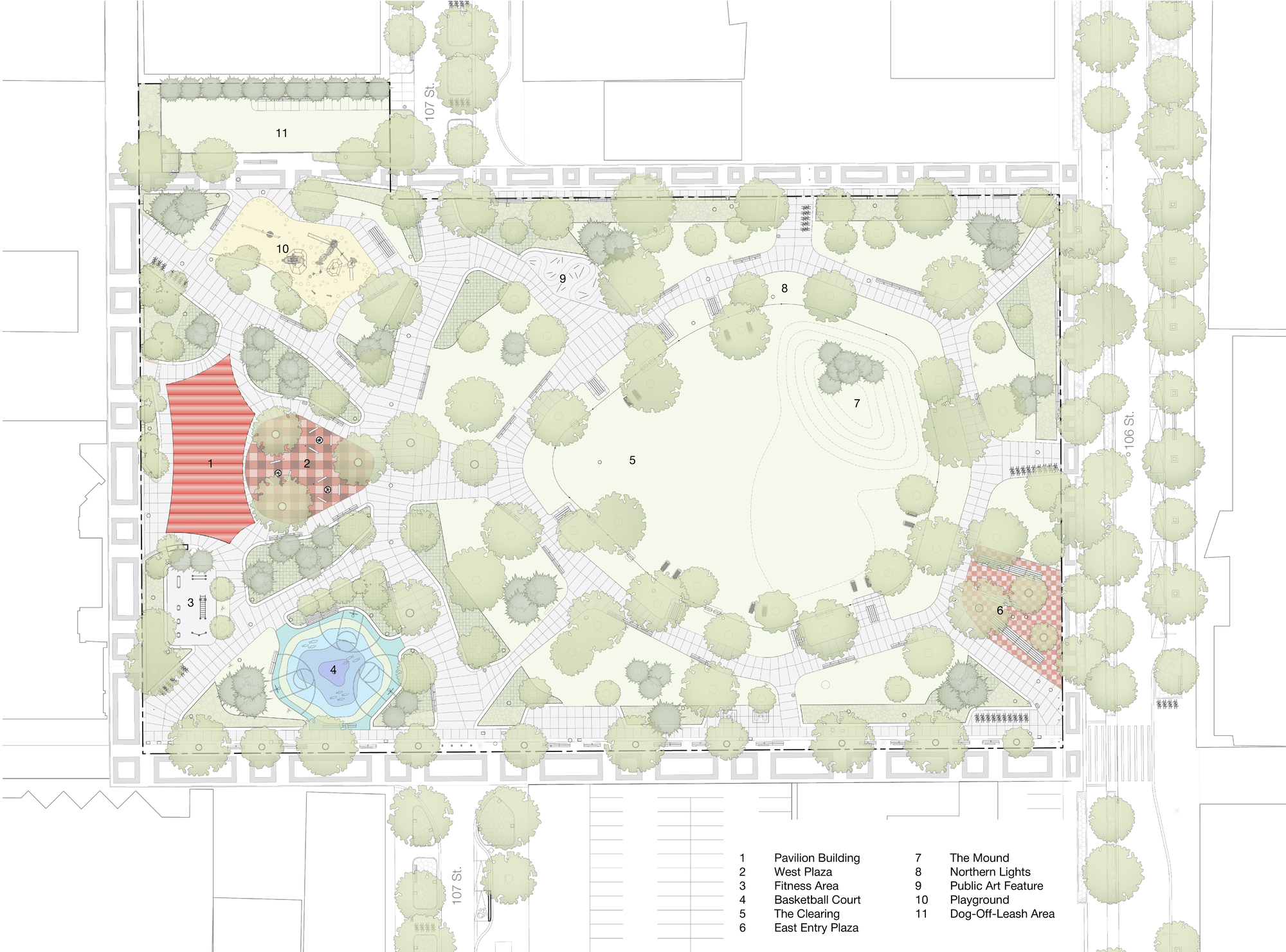 Site plan drawing showing a pavilion structure within a landscaped park with pathways and tree canopies