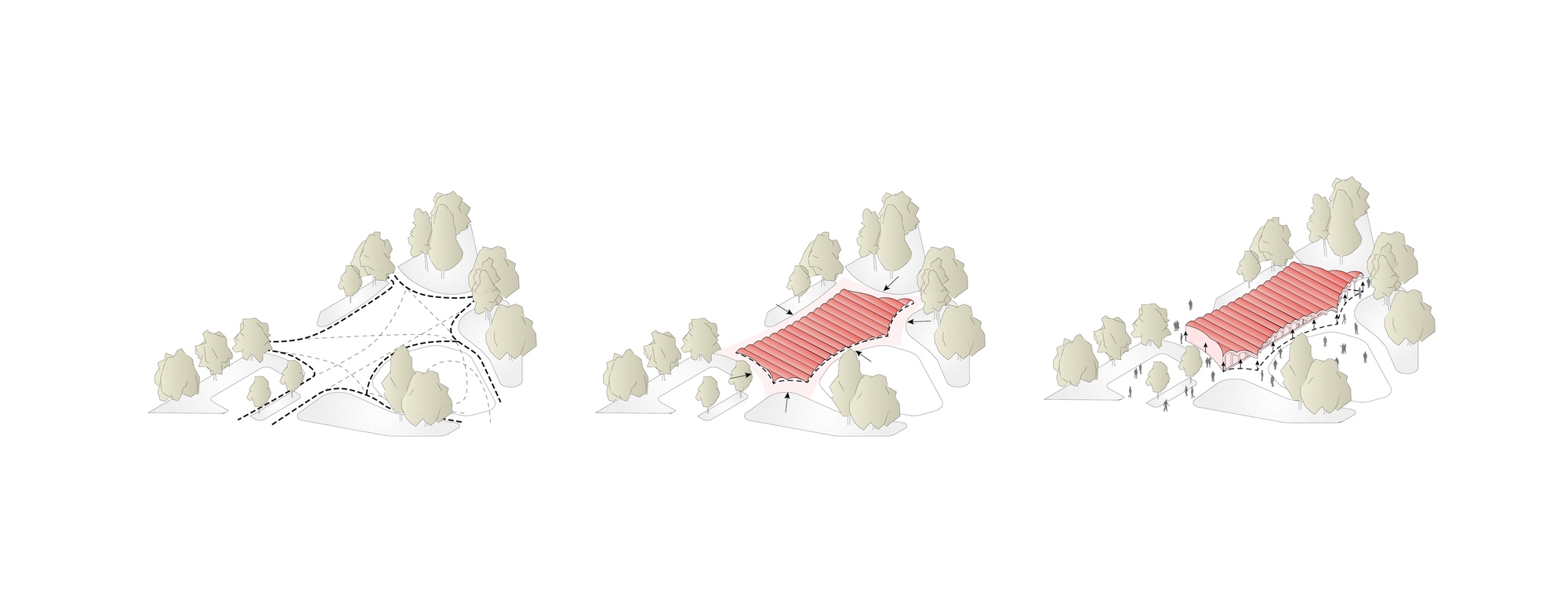 Diagram sequence illustrating the stepped assembly of a curved canopy roof with surrounding trees