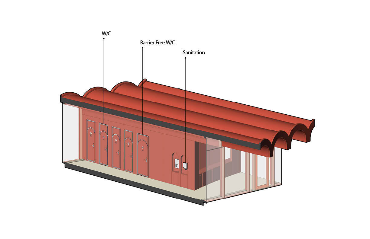 Isometric drawing showing a public restroom block with curved terra-cotta roofing and labeled facilities