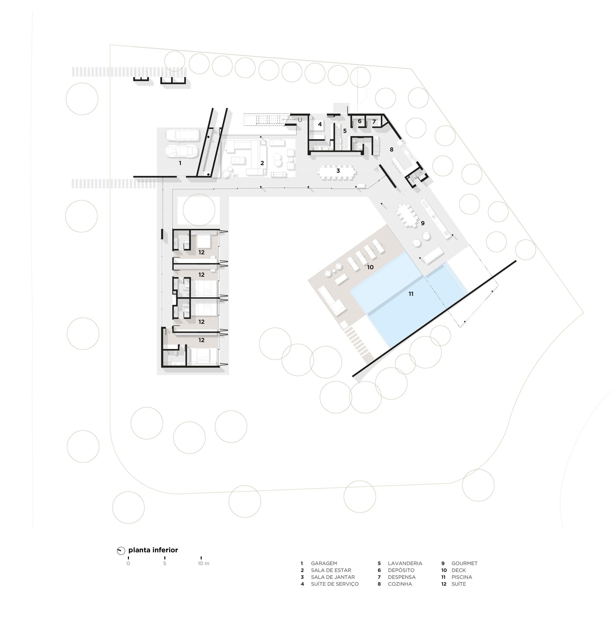 Floor plan drawing showing angled wings with living areas and pool surrounded by circular trees