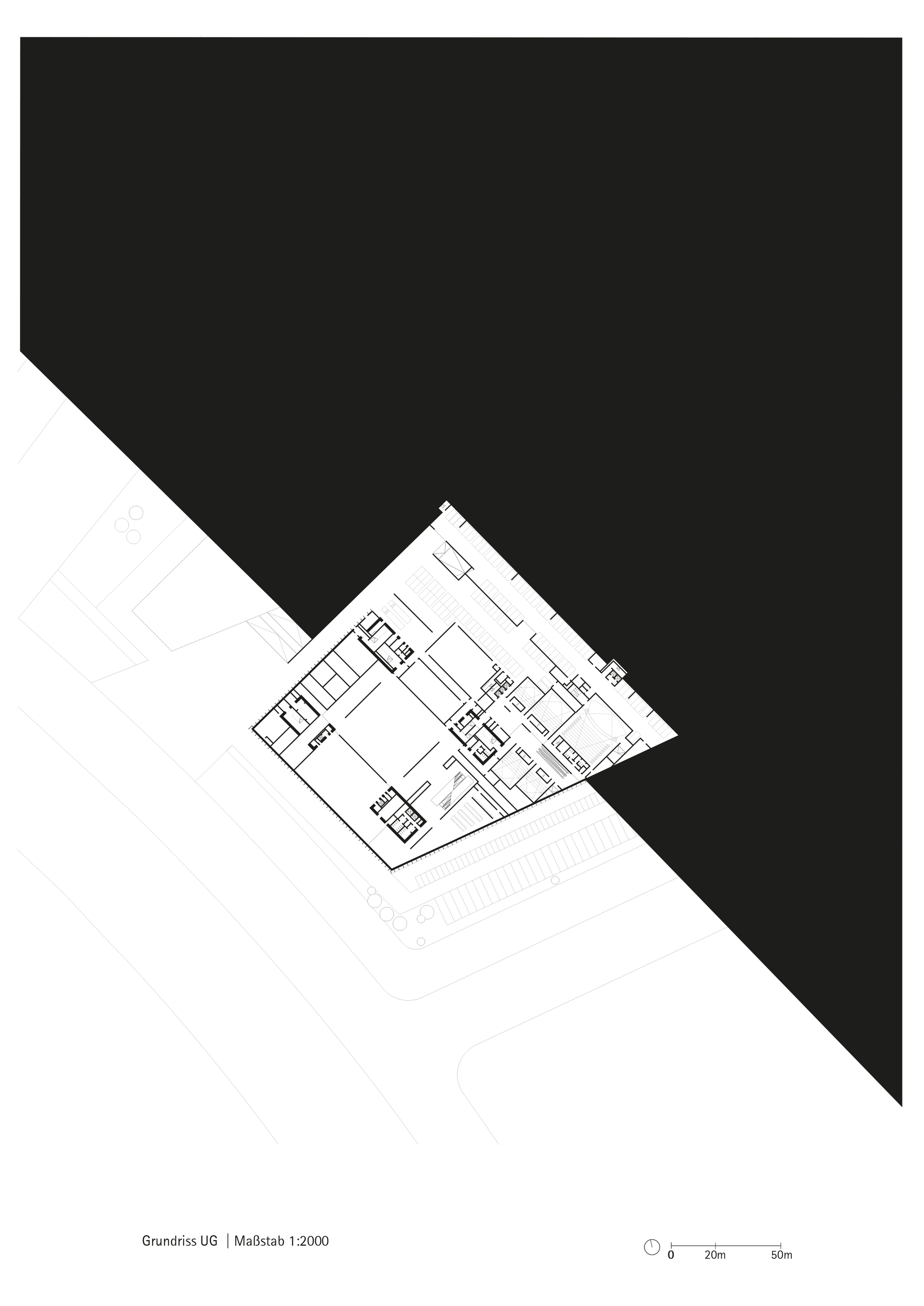 Floor plan drawing showing angular building footprint with interior room divisions on diagonal composition