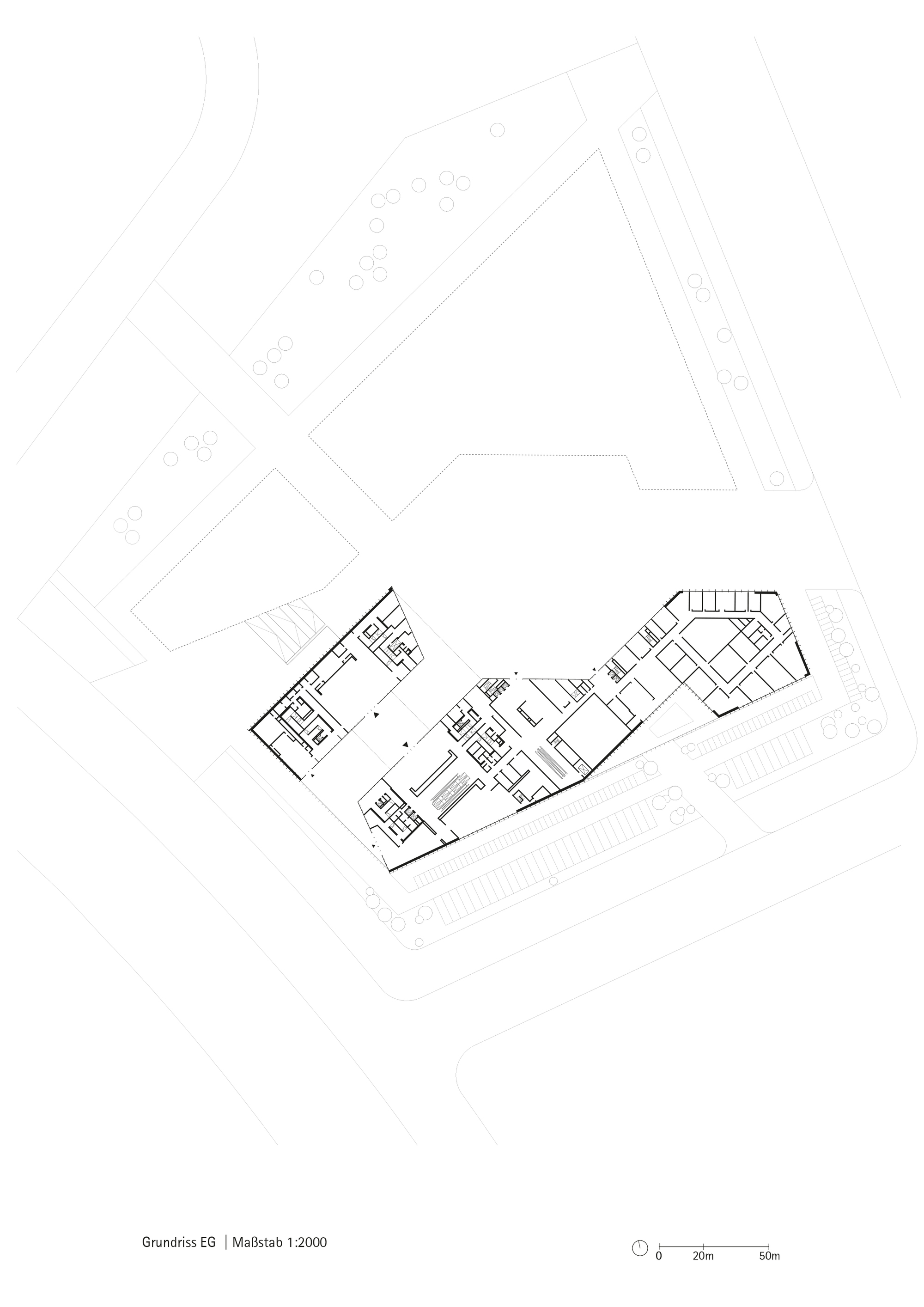 Floor plan drawing showing an angled residential building with multiple units and a landscaped terrace