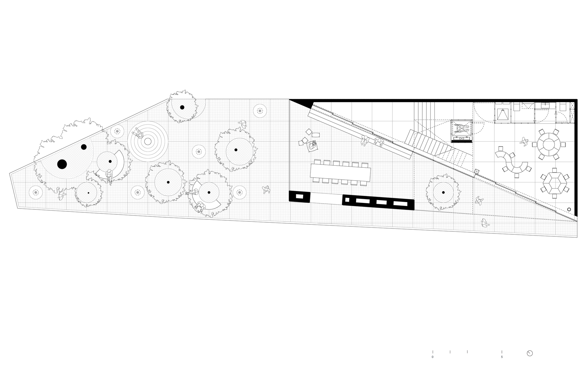 Floor plan drawing showing an angled site with garden trees and interior dining and seating areas