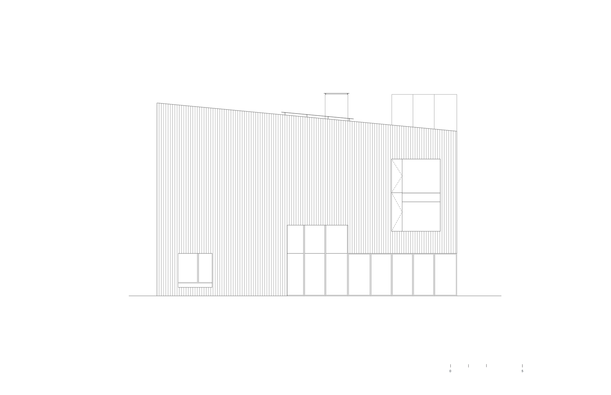 Rear elevation drawing showing vertical corrugated cladding with asymmetric window openings and ground-level openings