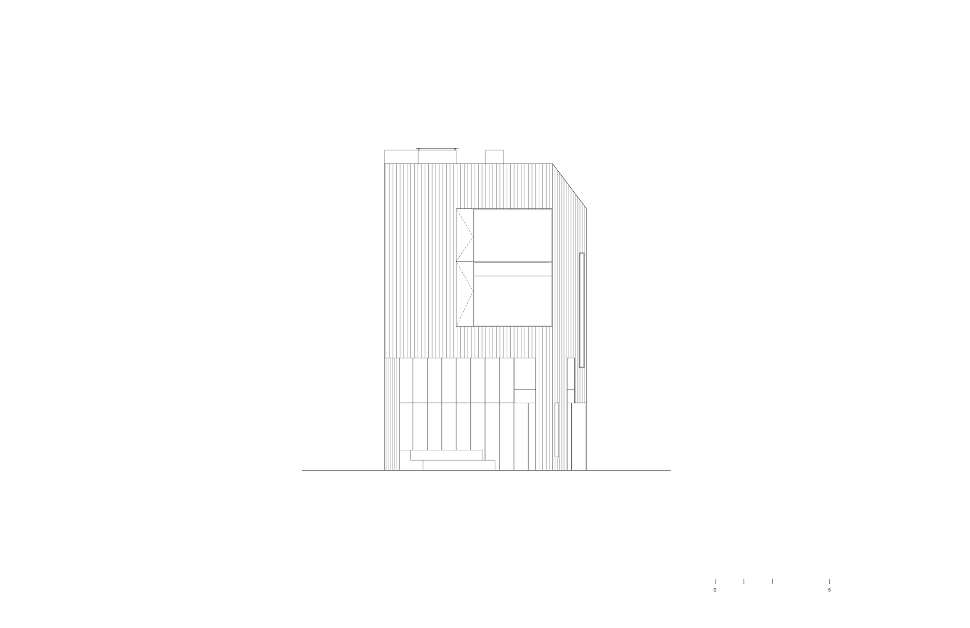 Side elevation drawing showing angled roofline, vertical cladding and stacked window openings