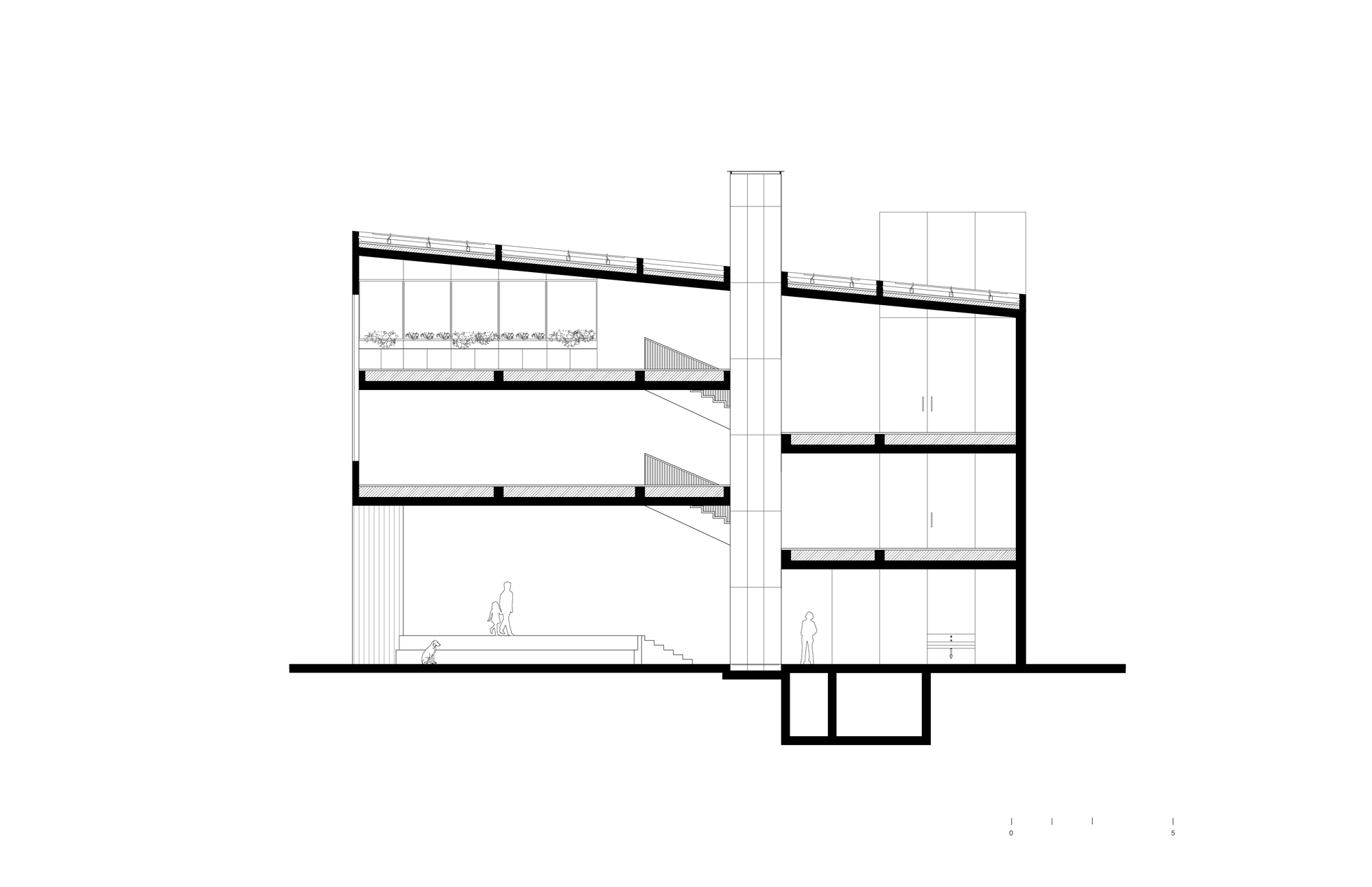 Section drawing showing three-story interior with staircase, sloped roof and figures at ground level