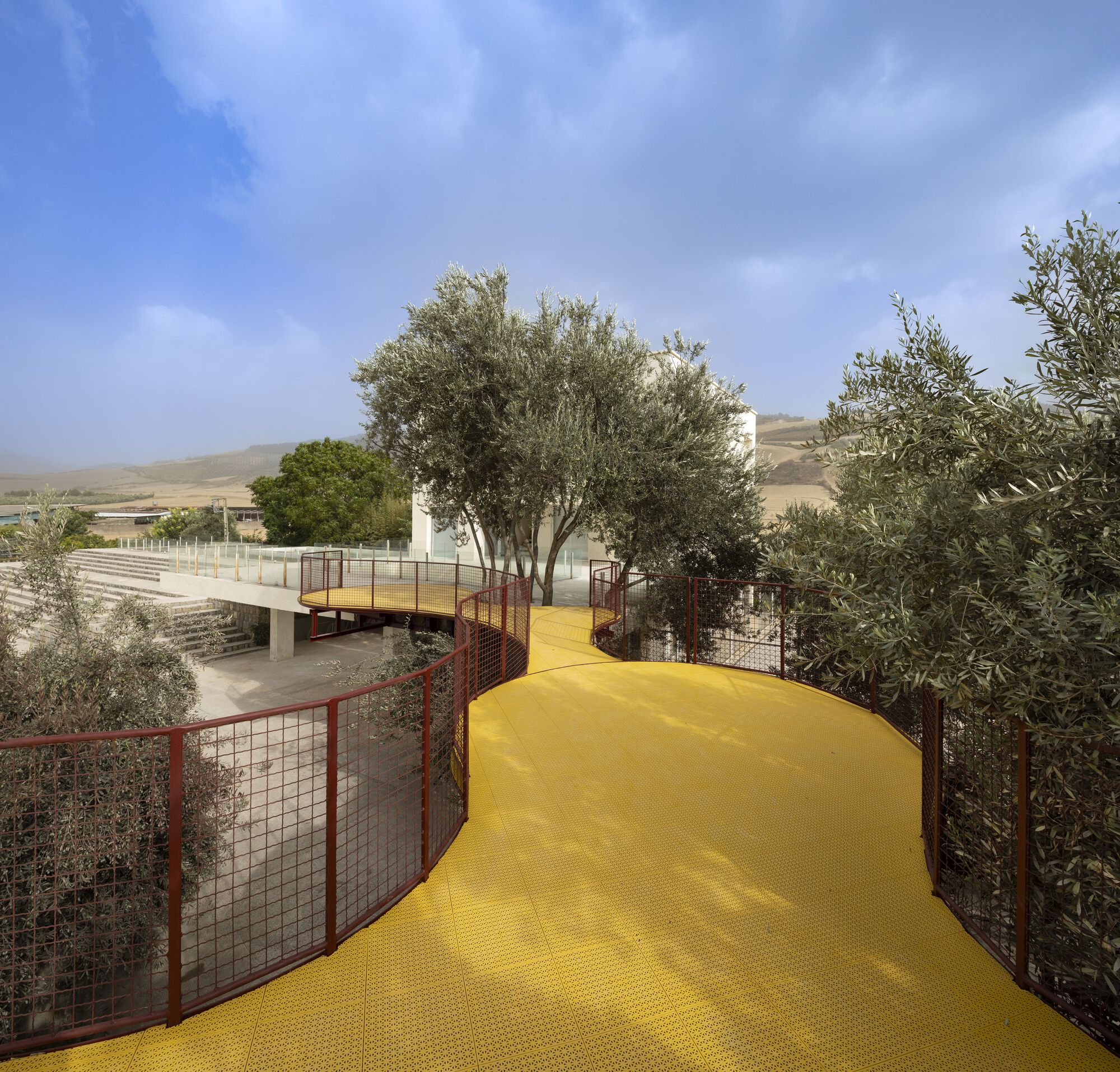 Curving yellow deck winding between olive trees with red mesh guardrails and hillside backdrop