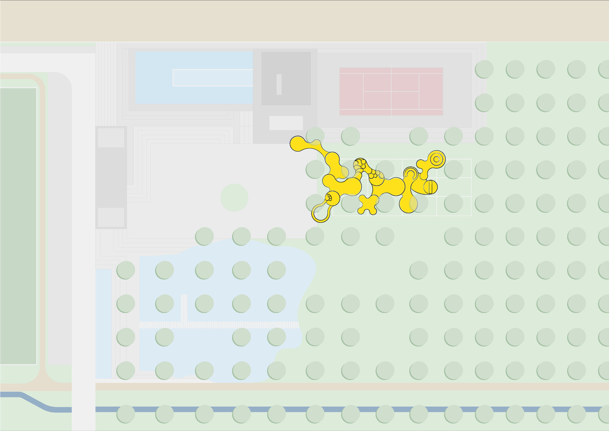 Site plan drawing showing a winding yellow pathway through a grid of circular tree plantings