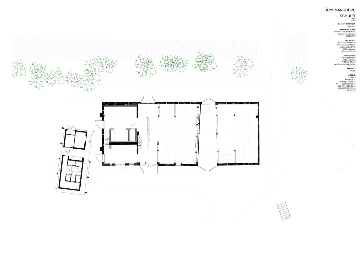 Floor plan drawing showing multiple barn volumes with surrounding tree clusters