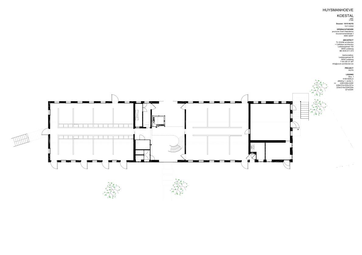 Floor plan drawing showing a long rectangular building with central courtyard and flanking interior spaces