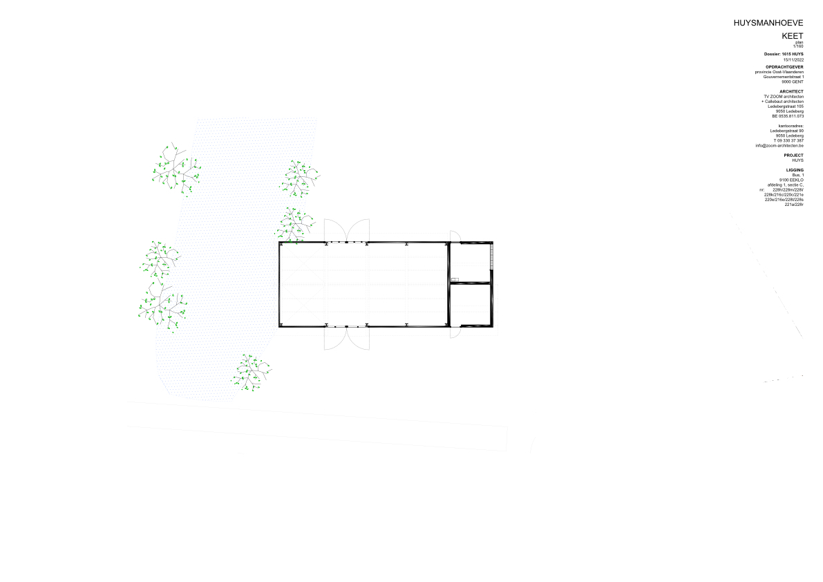 Basement floor plan drawing with surrounding tree plantings indicated in green