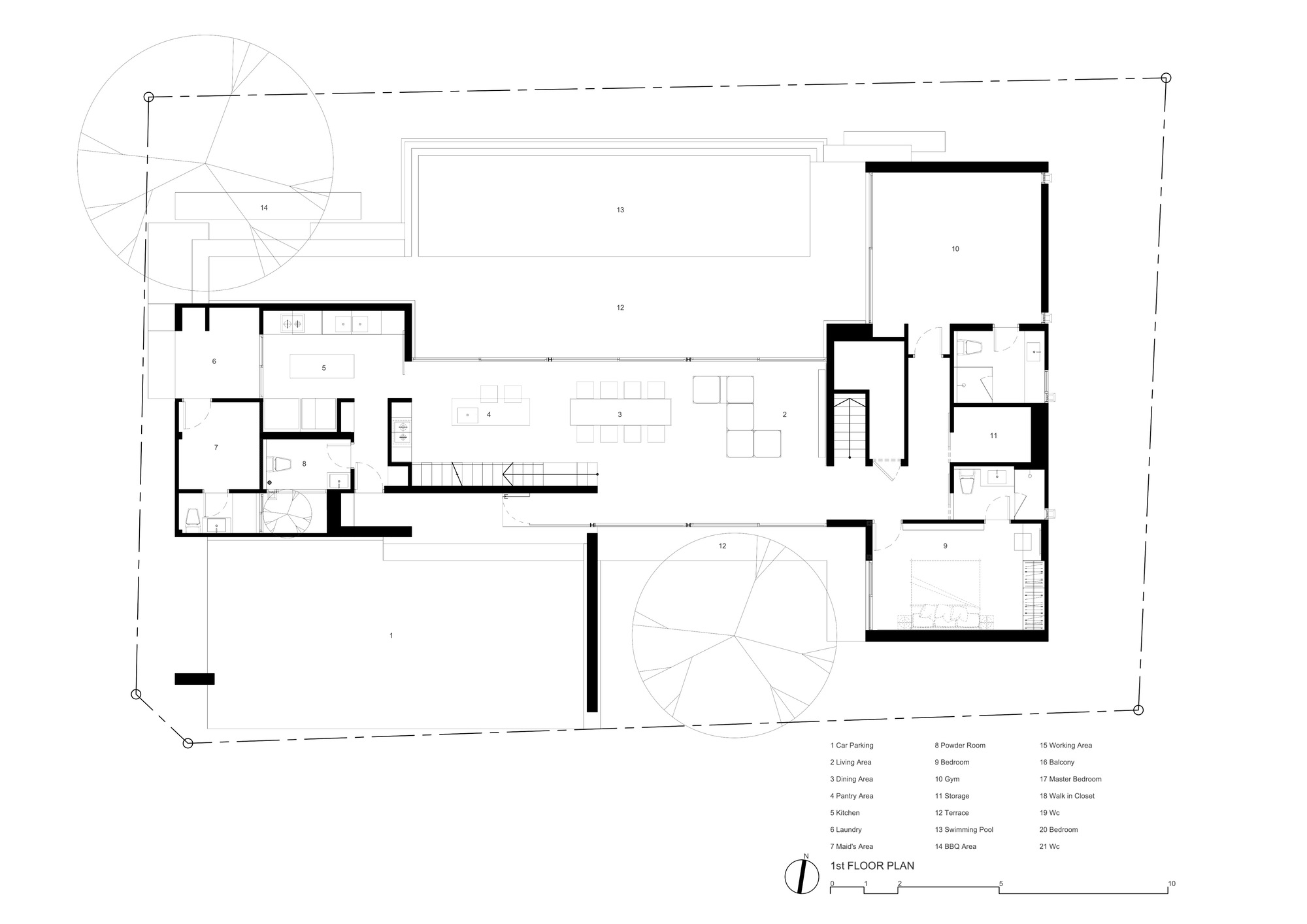 First floor plan drawing showing open living areas, pool, and two circular tree canopies