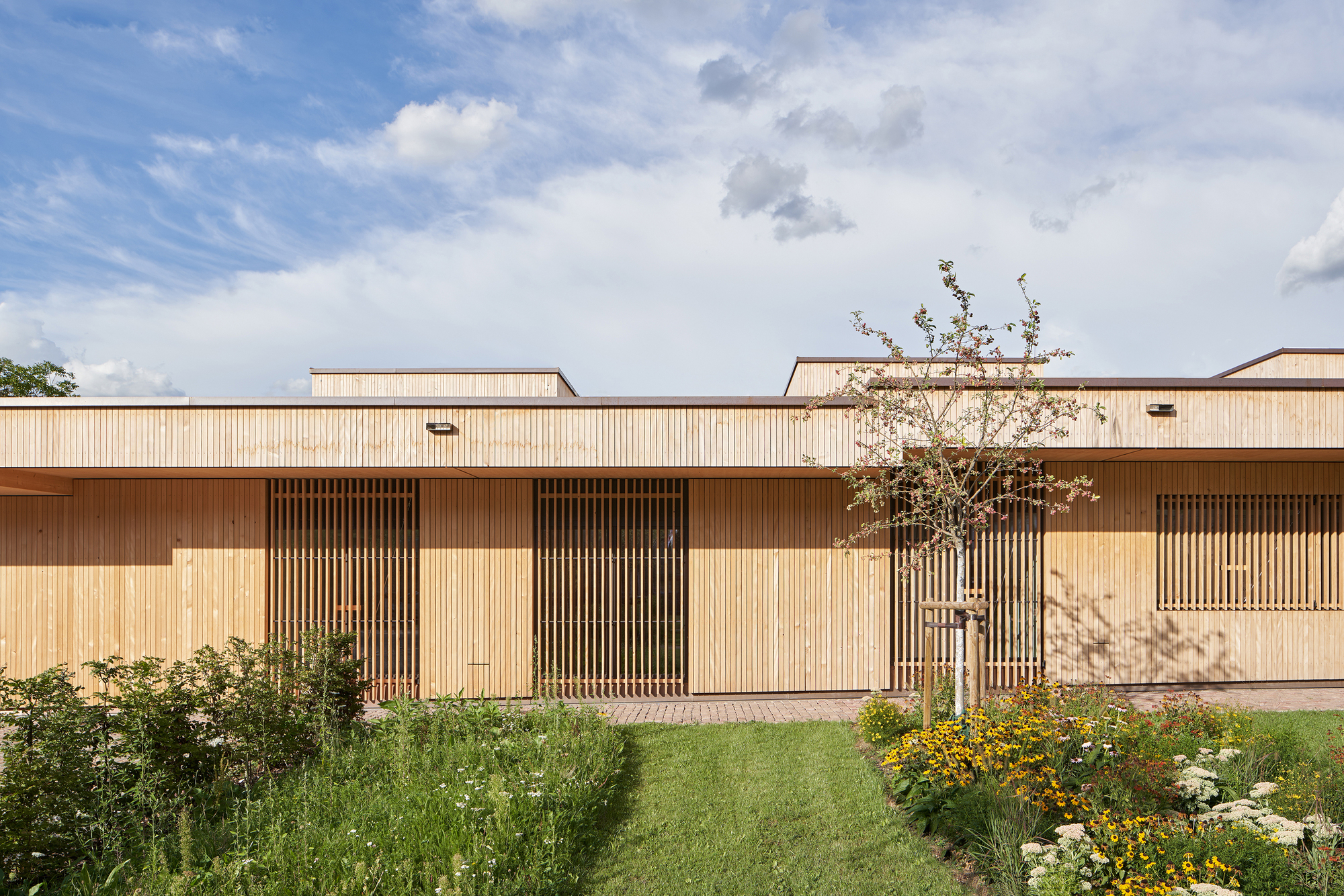 Light timber facade with vertical slatted screens and planted bed with flowering perennials