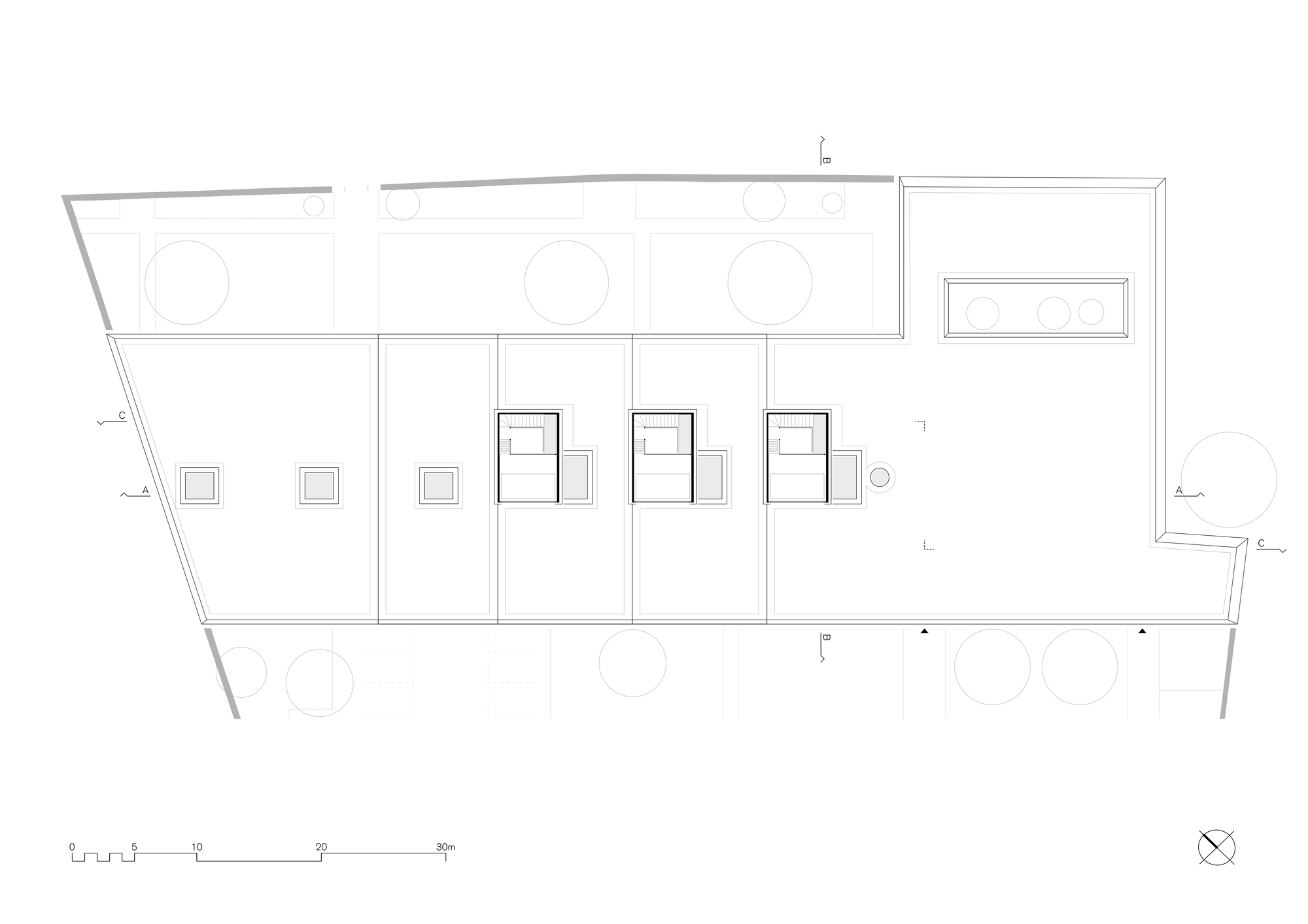 Floor plan drawing showing three tall volumes with window groupings along an outdoor terrace